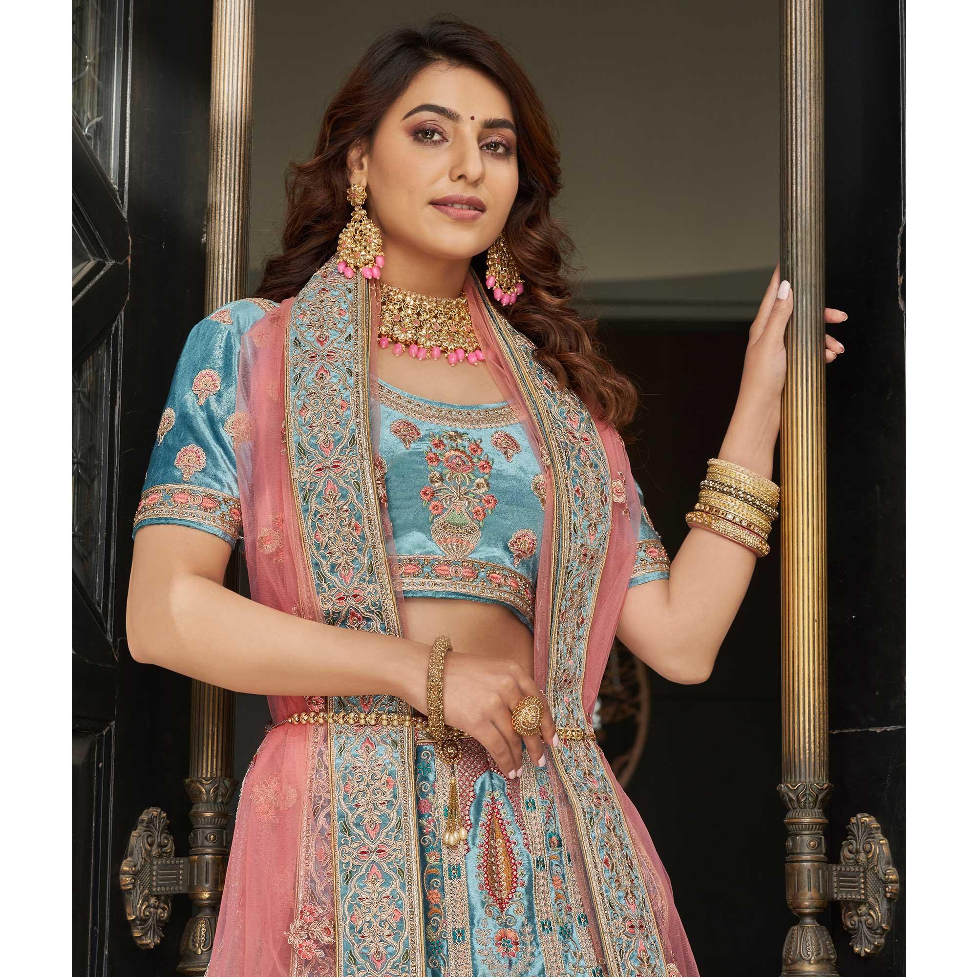 Firozi Partywear Sequence Floral Embroidered Velvet Lehenga Choli - Peachmode