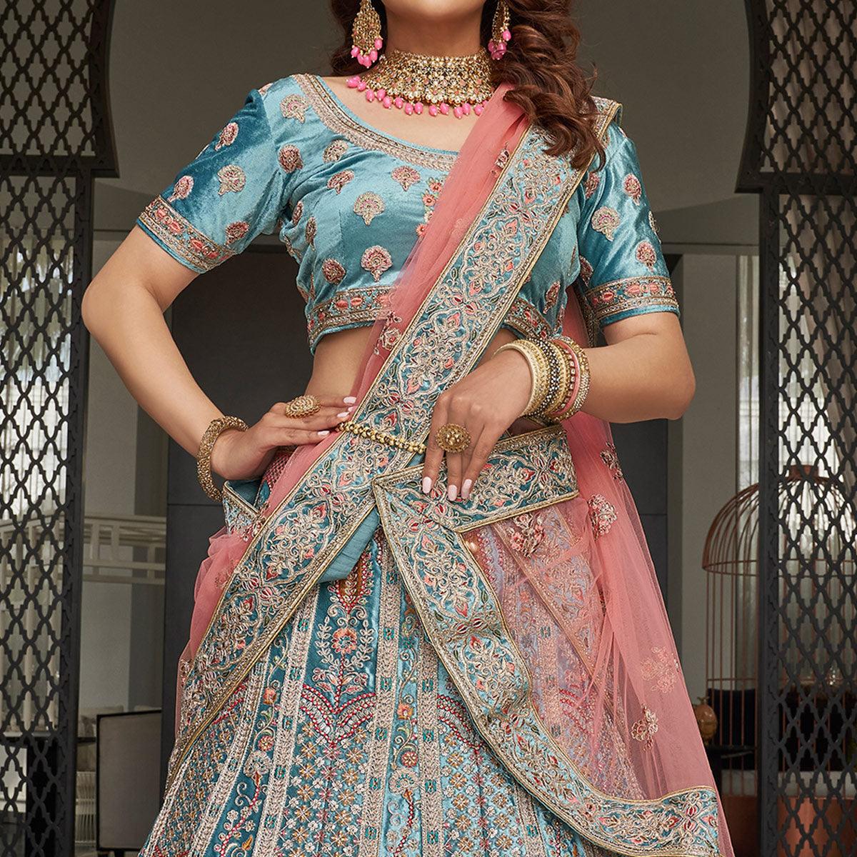 Firozi Partywear Sequence Floral Embroidered Velvet Lehenga Choli - Peachmode