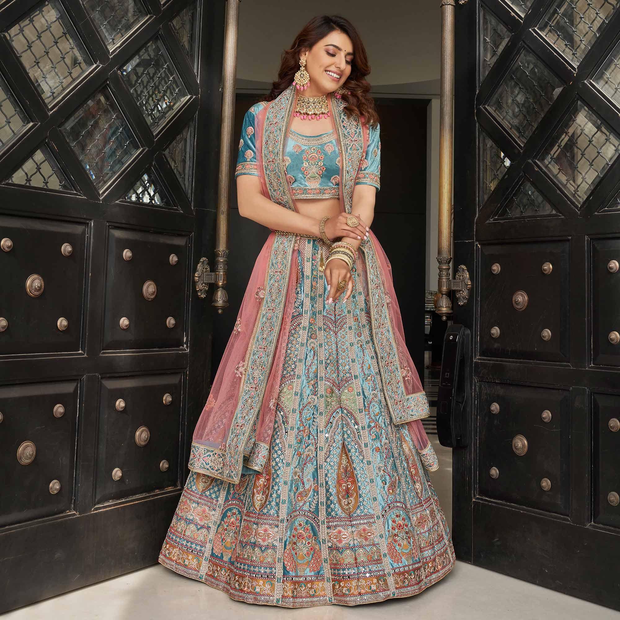 Firozi Partywear Sequence Floral Embroidered Velvet Lehenga Choli - Peachmode