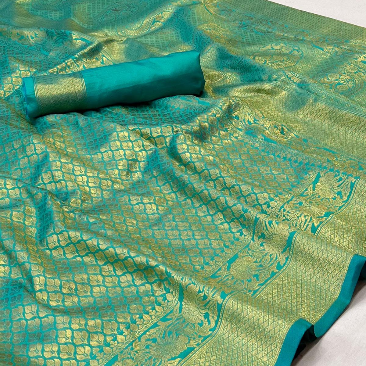 Firozi Woven Jacquard Saree - Peachmode