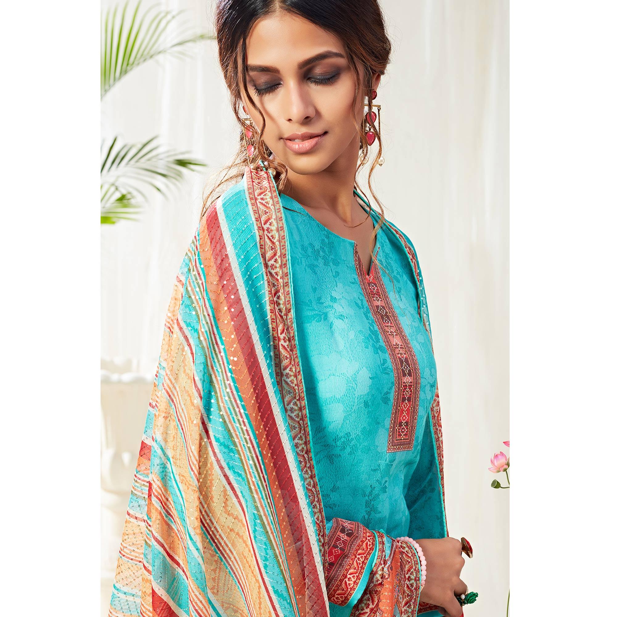 Flamboyant Auqa Blue Colored Partywear Digital Printed Cotton Suit - Peachmode