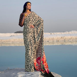 Flamboyant Beige -Black Colored Partywear Digital Printed Japan Satin Crepe Saree - Peachmode