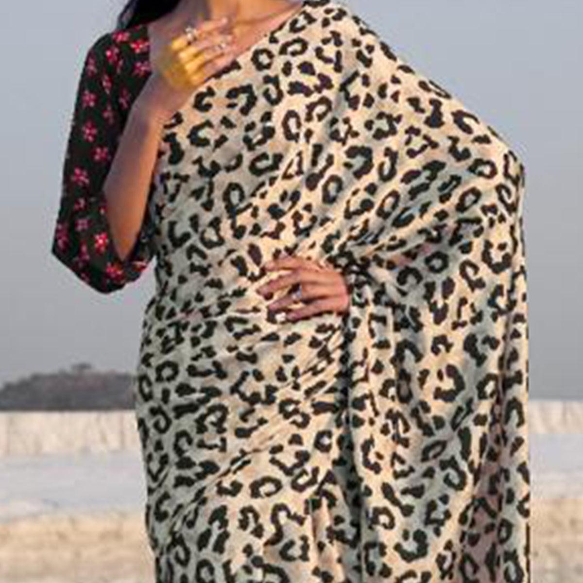 Flamboyant Beige -Black Colored Partywear Digital Printed Japan Satin Crepe Saree - Peachmode