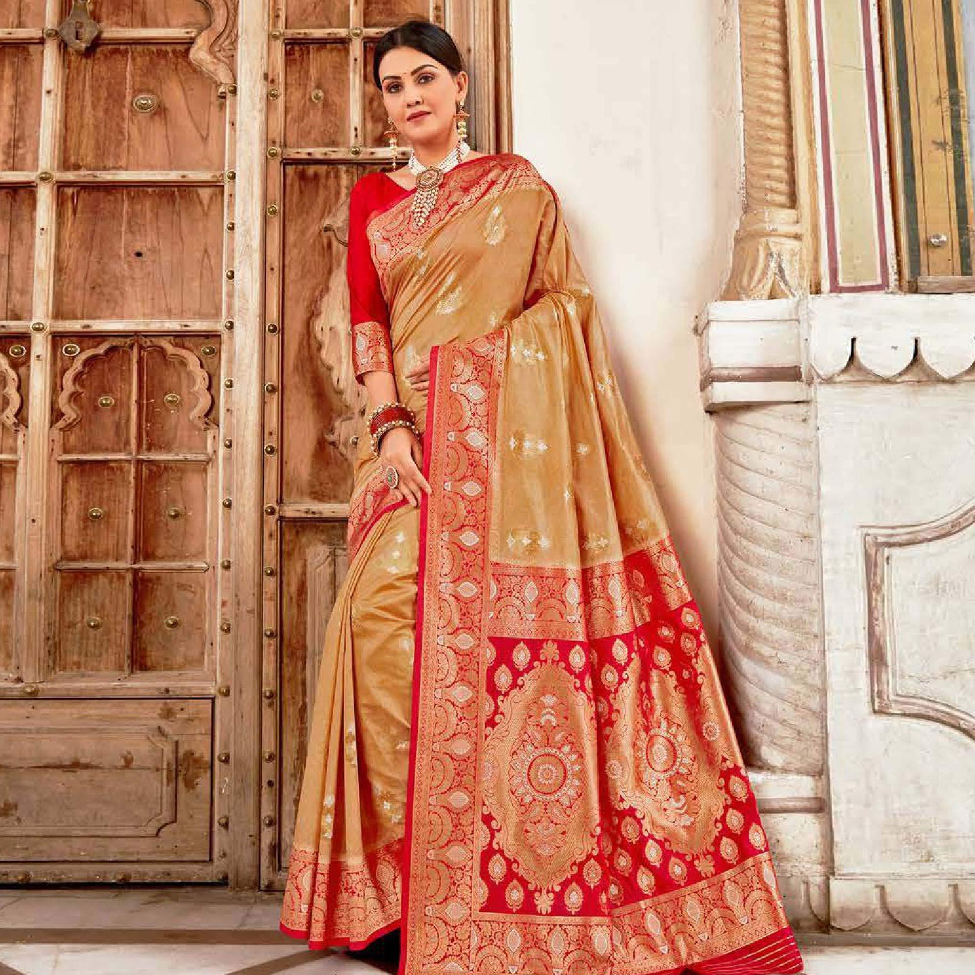 Flamboyant Beige Colored Festive Wear Woven Art Silk Saree - Peachmode