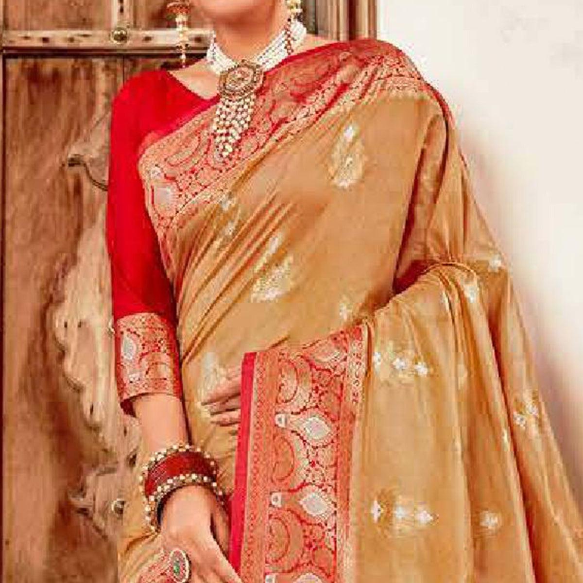 Flamboyant Beige Colored Festive Wear Woven Art Silk Saree - Peachmode