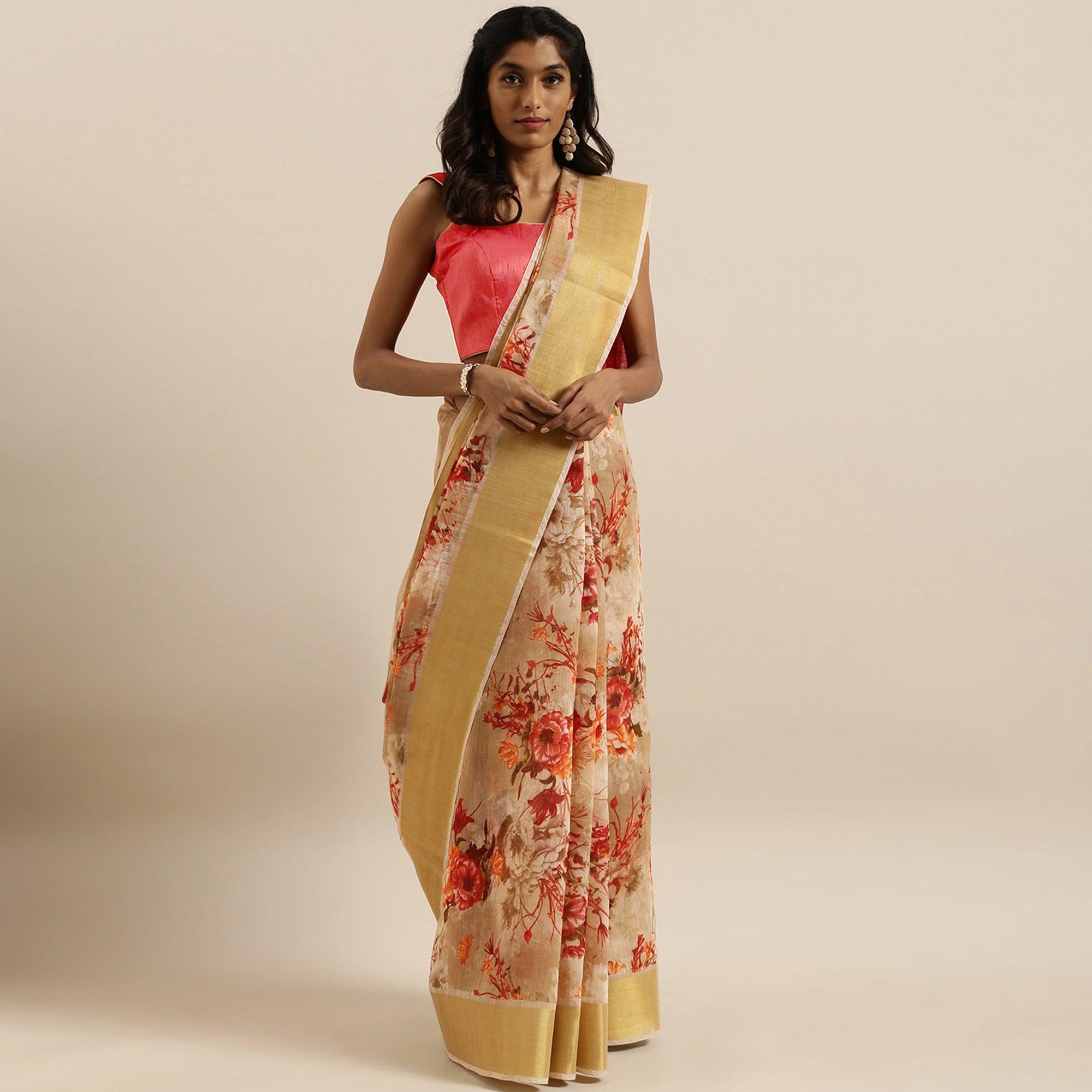 Flamboyant Beige Colored Partywear Digital Printed Linen Saree - Peachmode