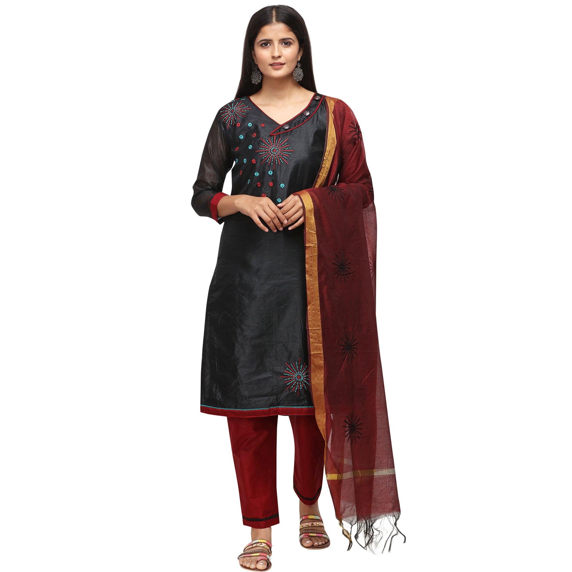 Flamboyant Black Colored Casual Wear Embroidered Chanderi Dress Material - Peachmode