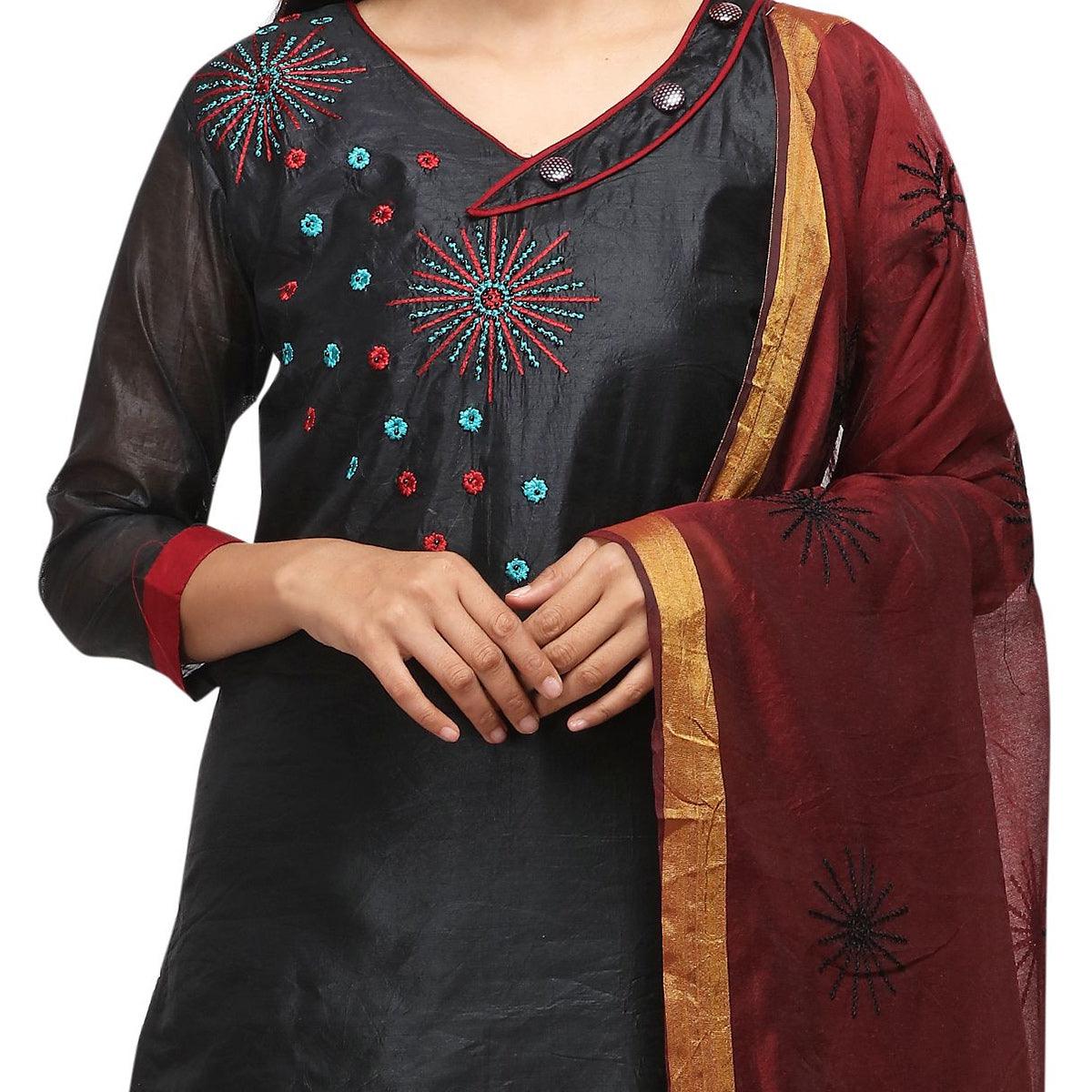 Flamboyant Black Colored Casual Wear Embroidered Chanderi Dress Material - Peachmode