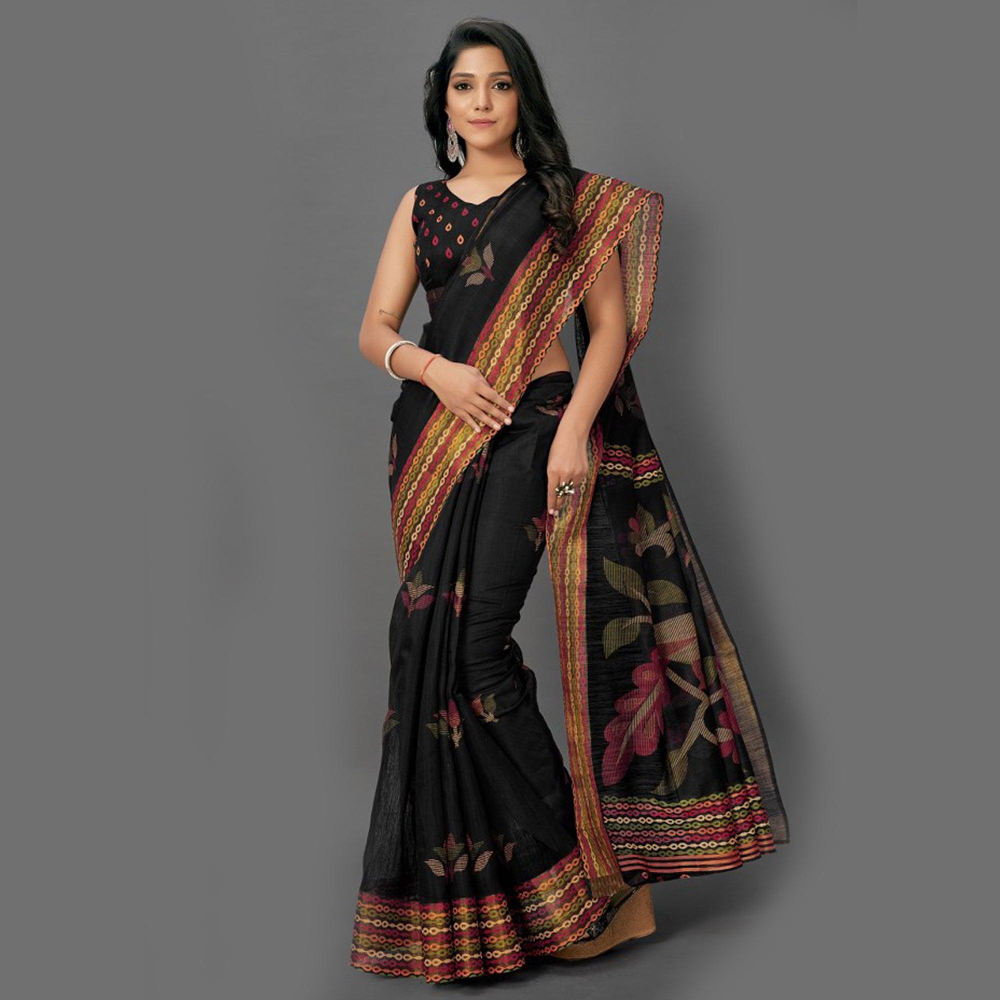 Flamboyant Black Colored Casual Wear Printed Cotton Saree - Peachmode