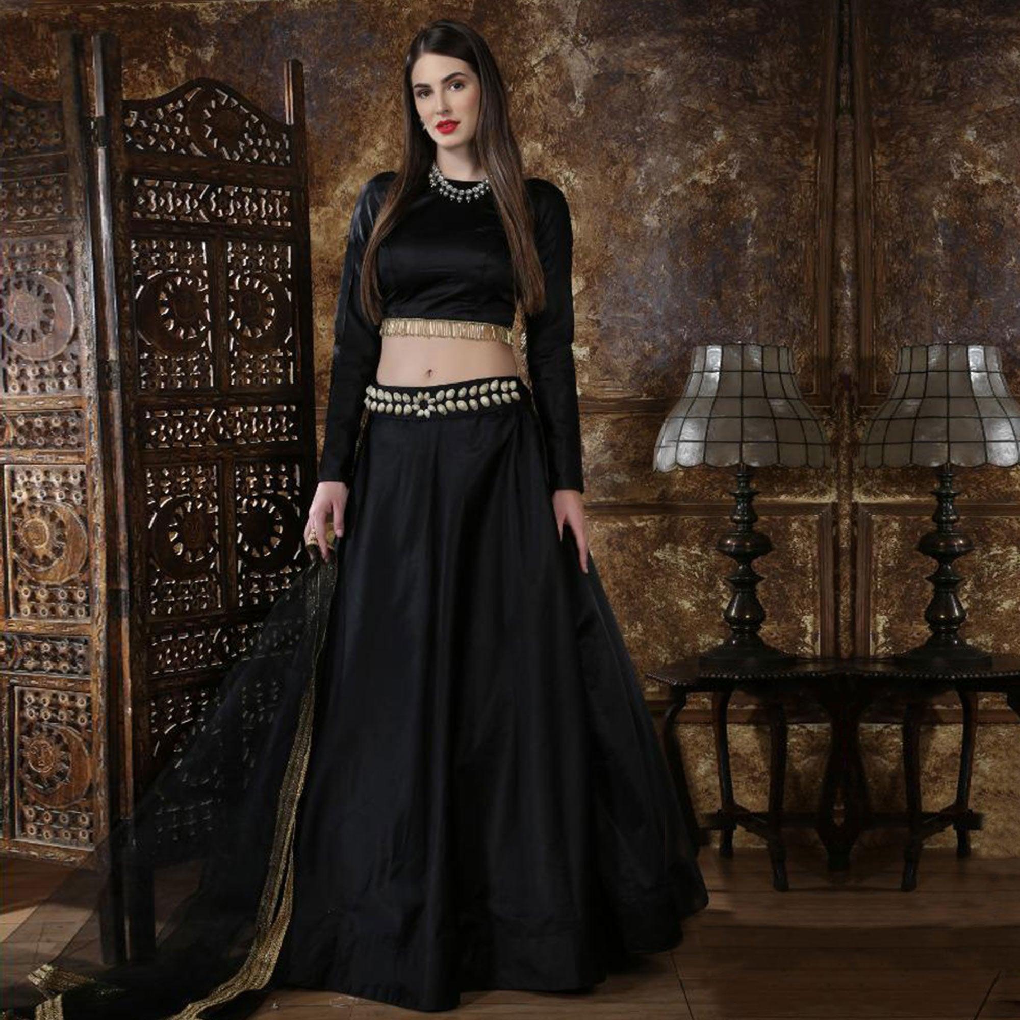 Flamboyant Black Colored Party Wear Taffeta Satin Lehenga Choli - Peachmode