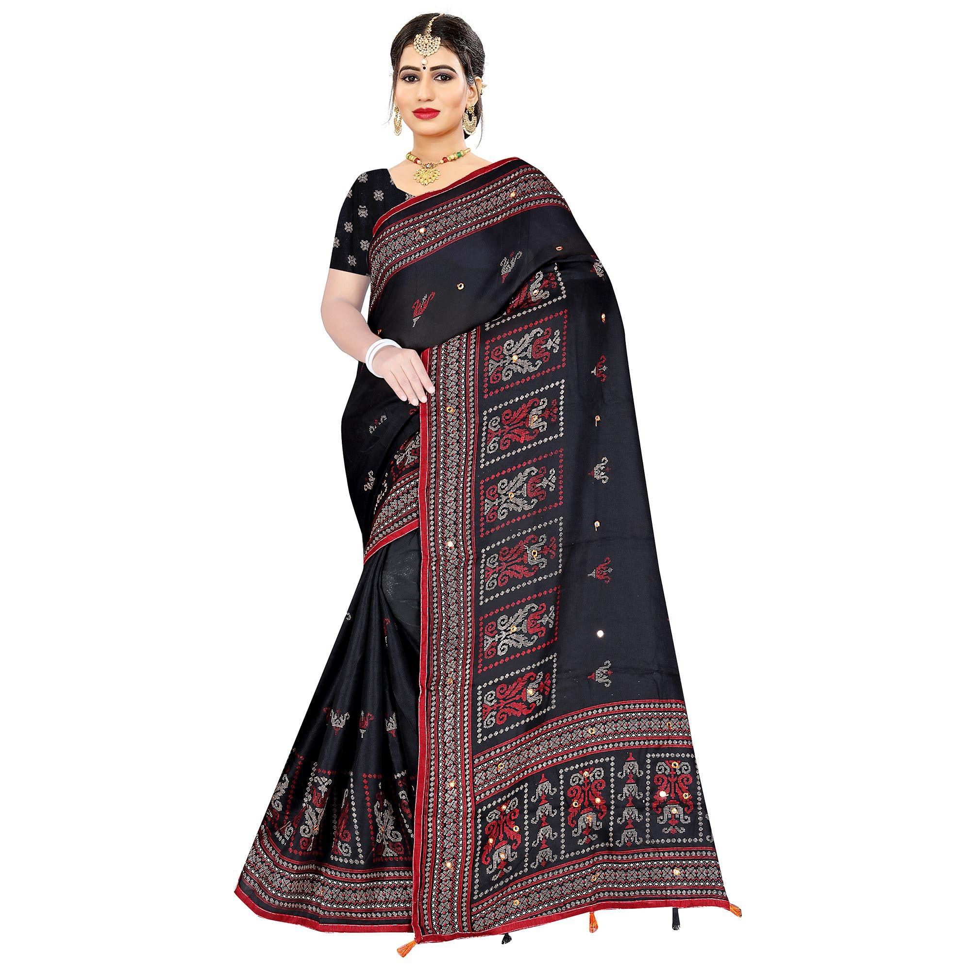 Flamboyant Black Coloured Festive Wear Printed Cotton Jute Saree - Peachmode