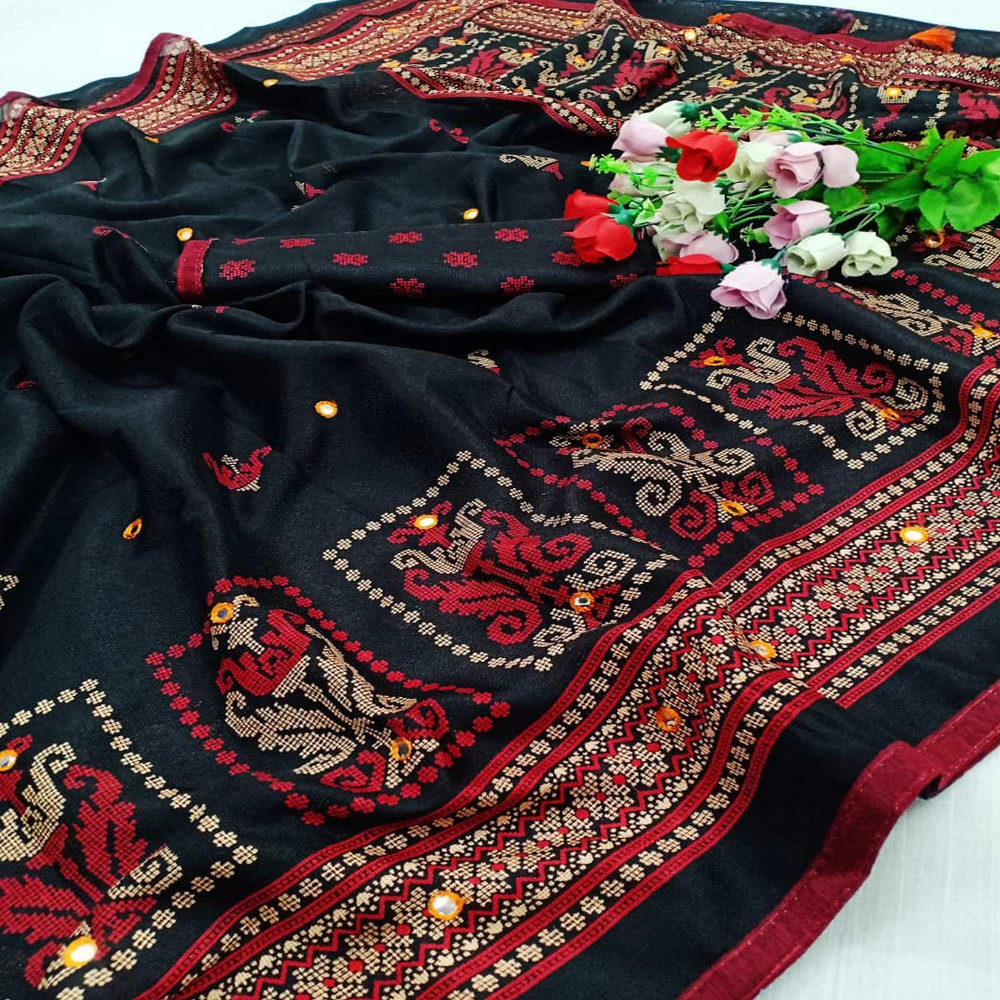 Flamboyant Black Coloured Festive Wear Printed Cotton Jute Saree - Peachmode