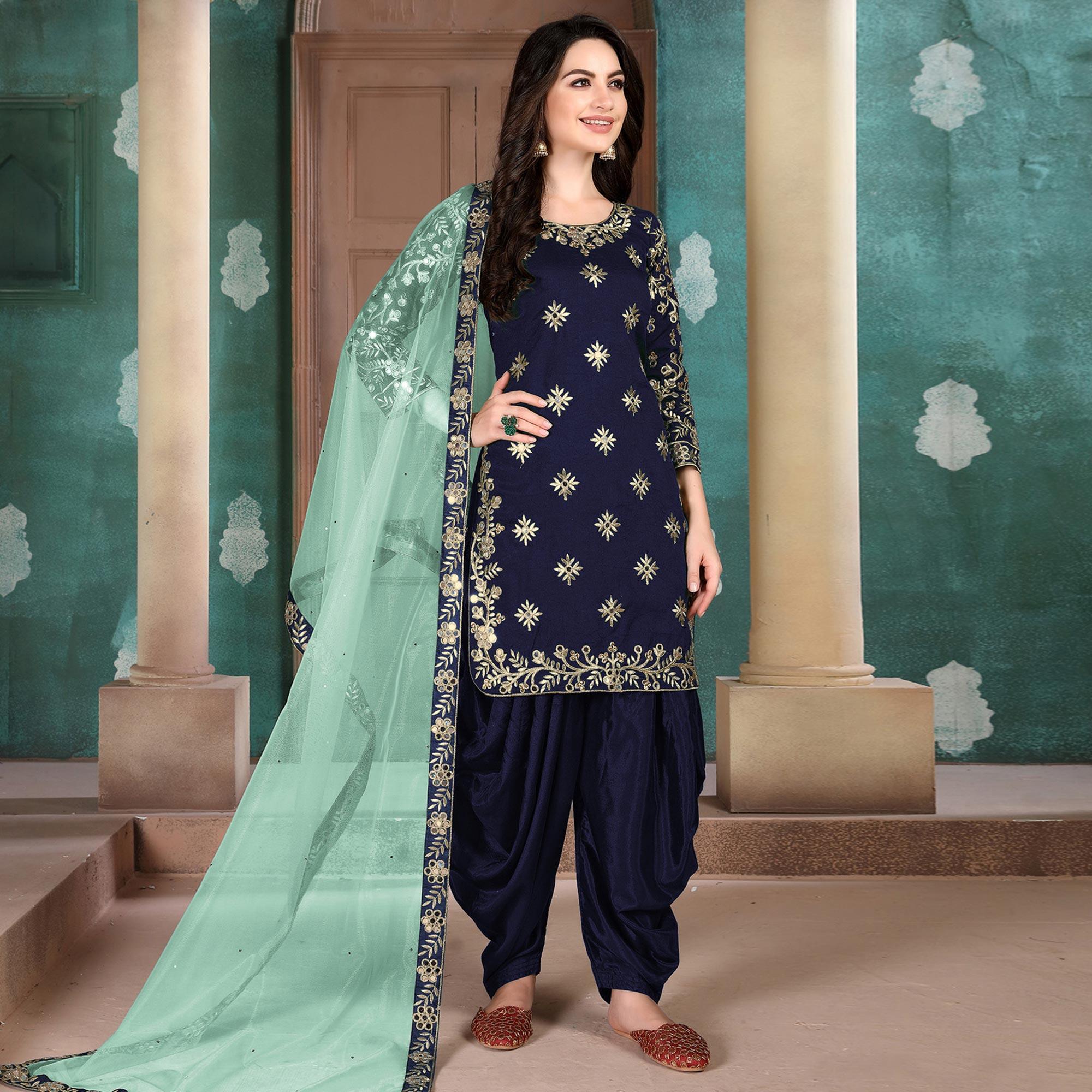 Flamboyant Blue Colored Designer Partywear Embroidered Heavy Art Silk Patiala Suit - Peachmode