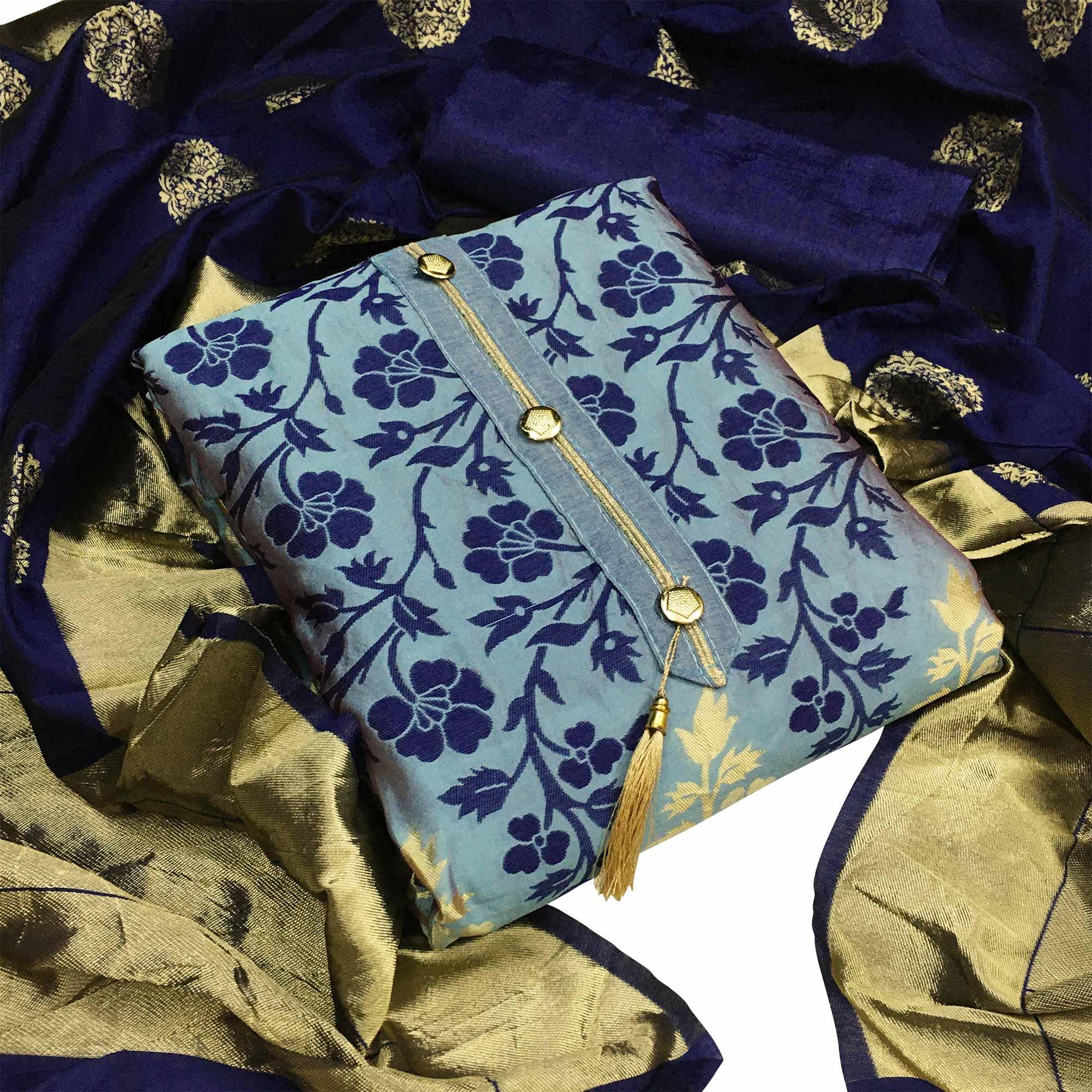 Flamboyant Blue Colored Festive Wear Woven Heavy Banarasi Silk Dress Material - Peachmode