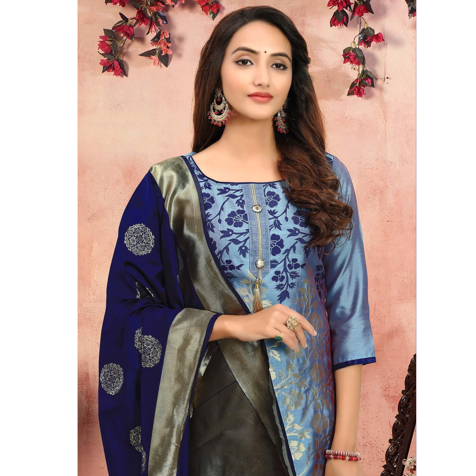Flamboyant Blue Colored Festive Wear Woven Heavy Banarasi Silk Dress Material - Peachmode
