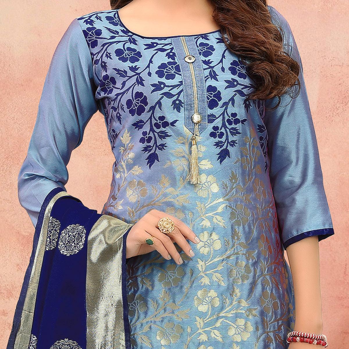 Flamboyant Blue Colored Festive Wear Woven Heavy Banarasi Silk Dress Material - Peachmode