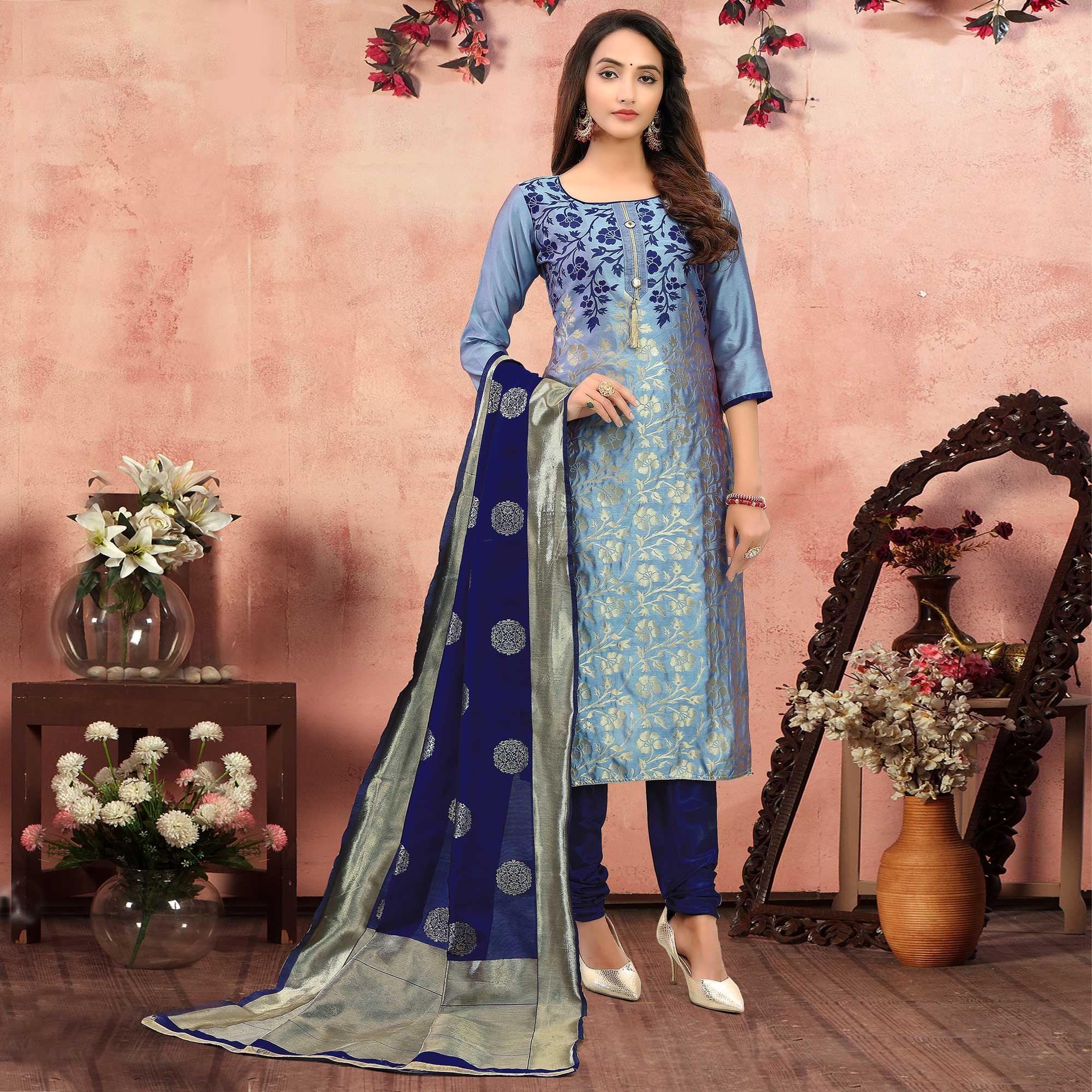 Flamboyant Blue Colored Festive Wear Woven Heavy Banarasi Silk Dress Material - Peachmode