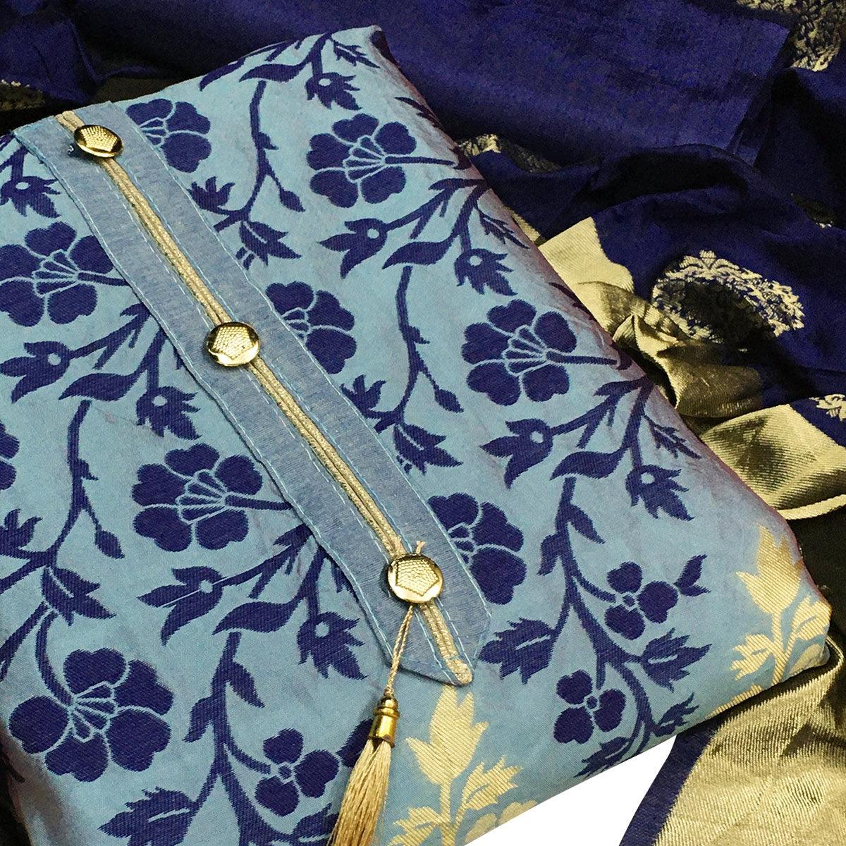 Flamboyant Blue Colored Festive Wear Woven Heavy Banarasi Silk Dress Material - Peachmode