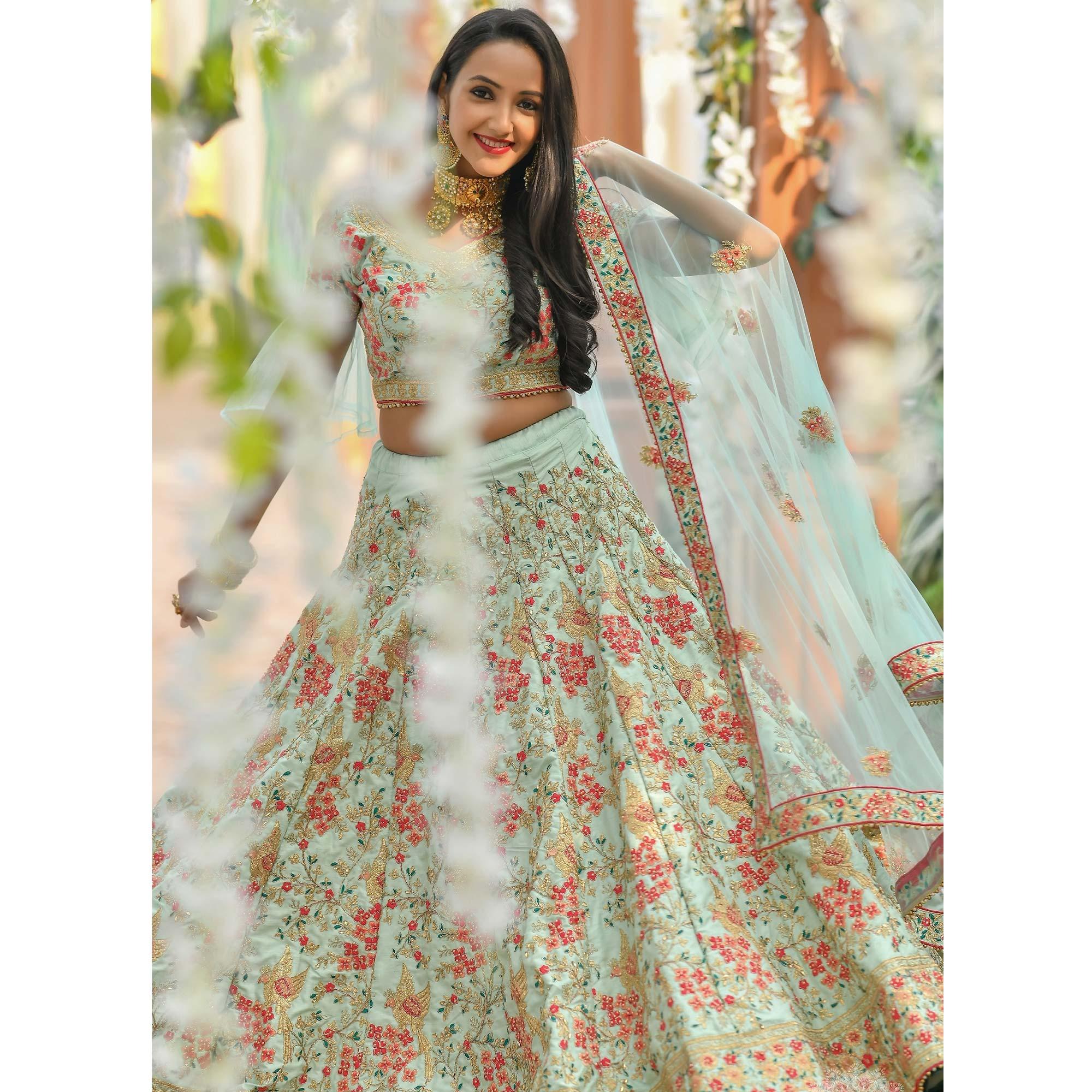 Flamboyant Blue Colored Wedding Wear Woven Silk Lehenga Choli - Peachmode