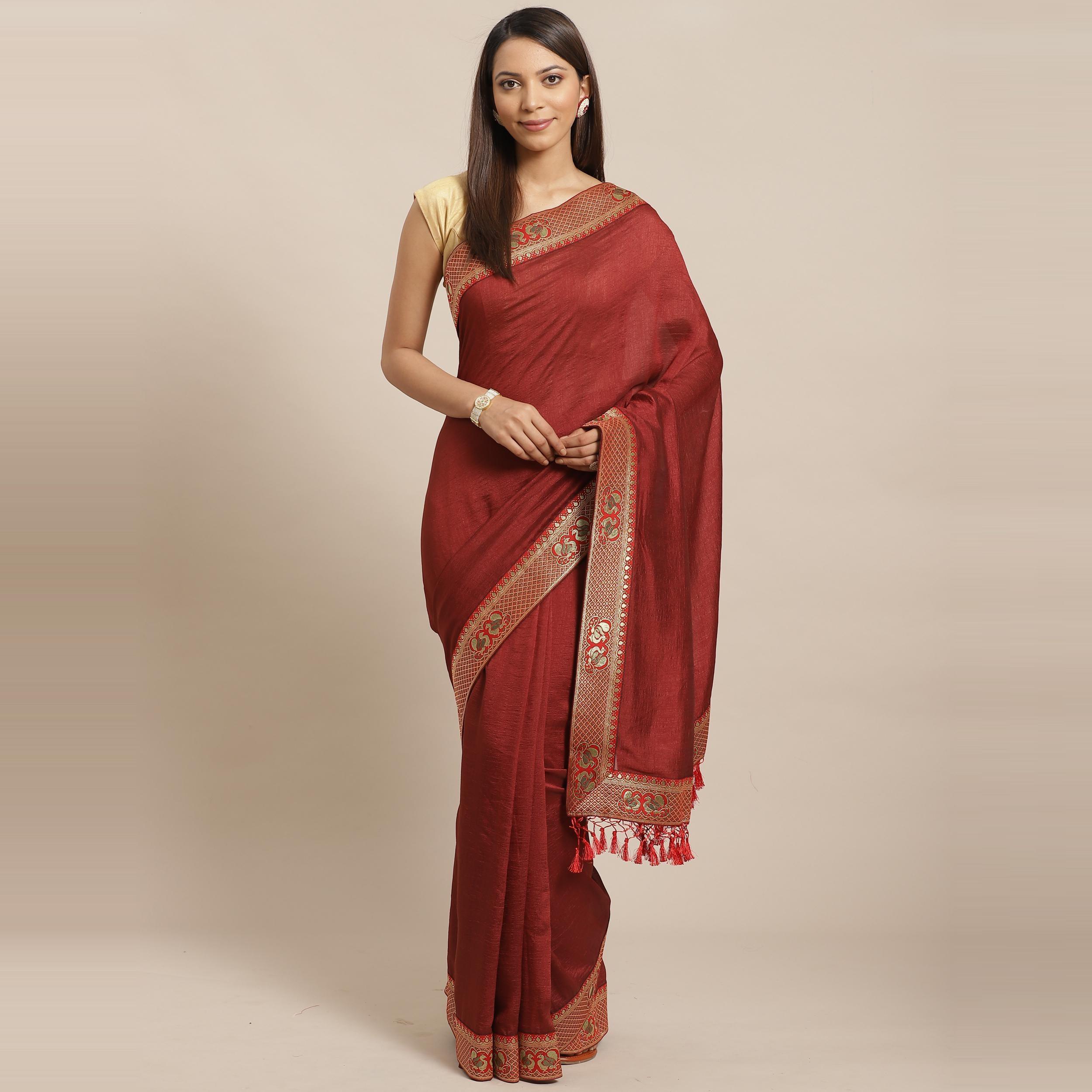 Flamboyant Brown Colored Festive Woven Silk Blend Saree - Peachmode