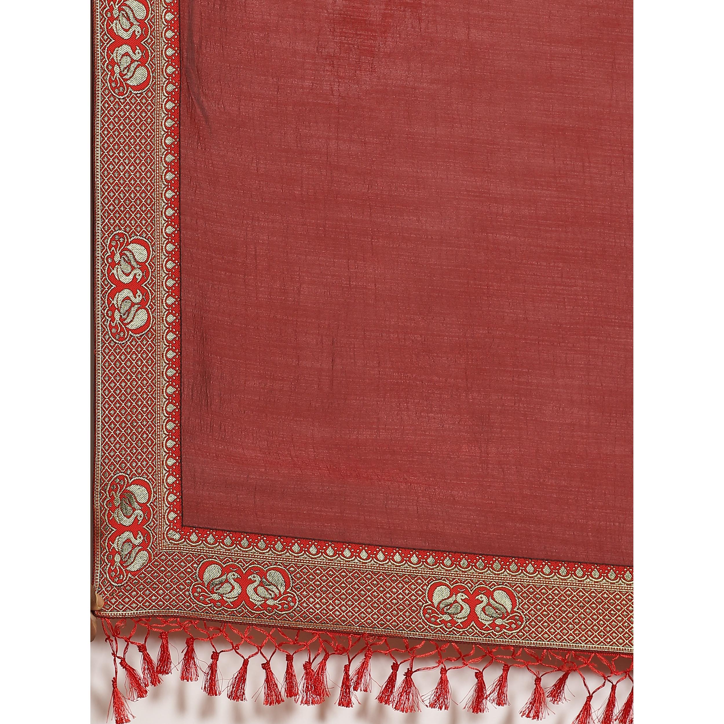 Flamboyant Brown Colored Festive Woven Silk Blend Saree - Peachmode