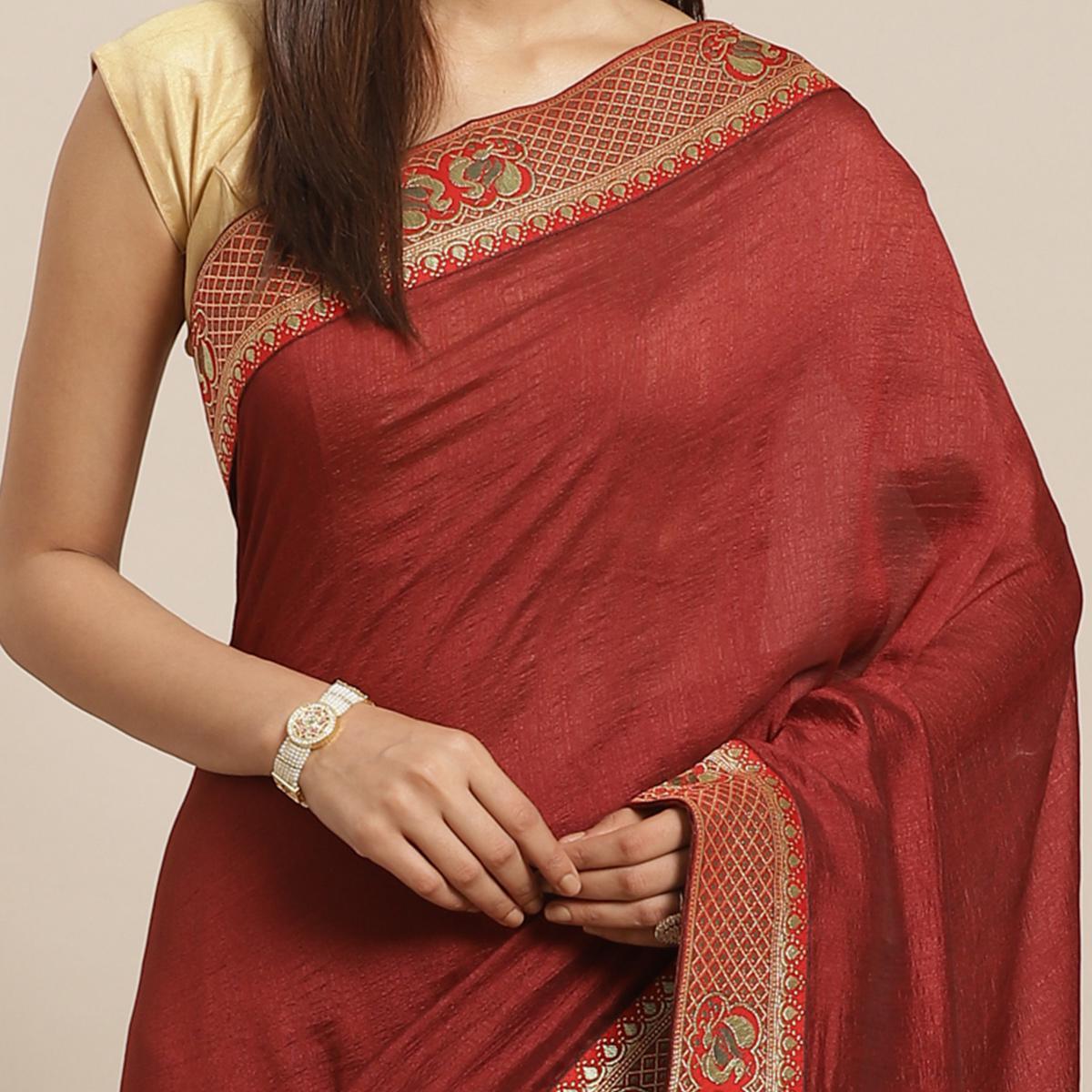 Flamboyant Brown Colored Festive Woven Silk Blend Saree - Peachmode