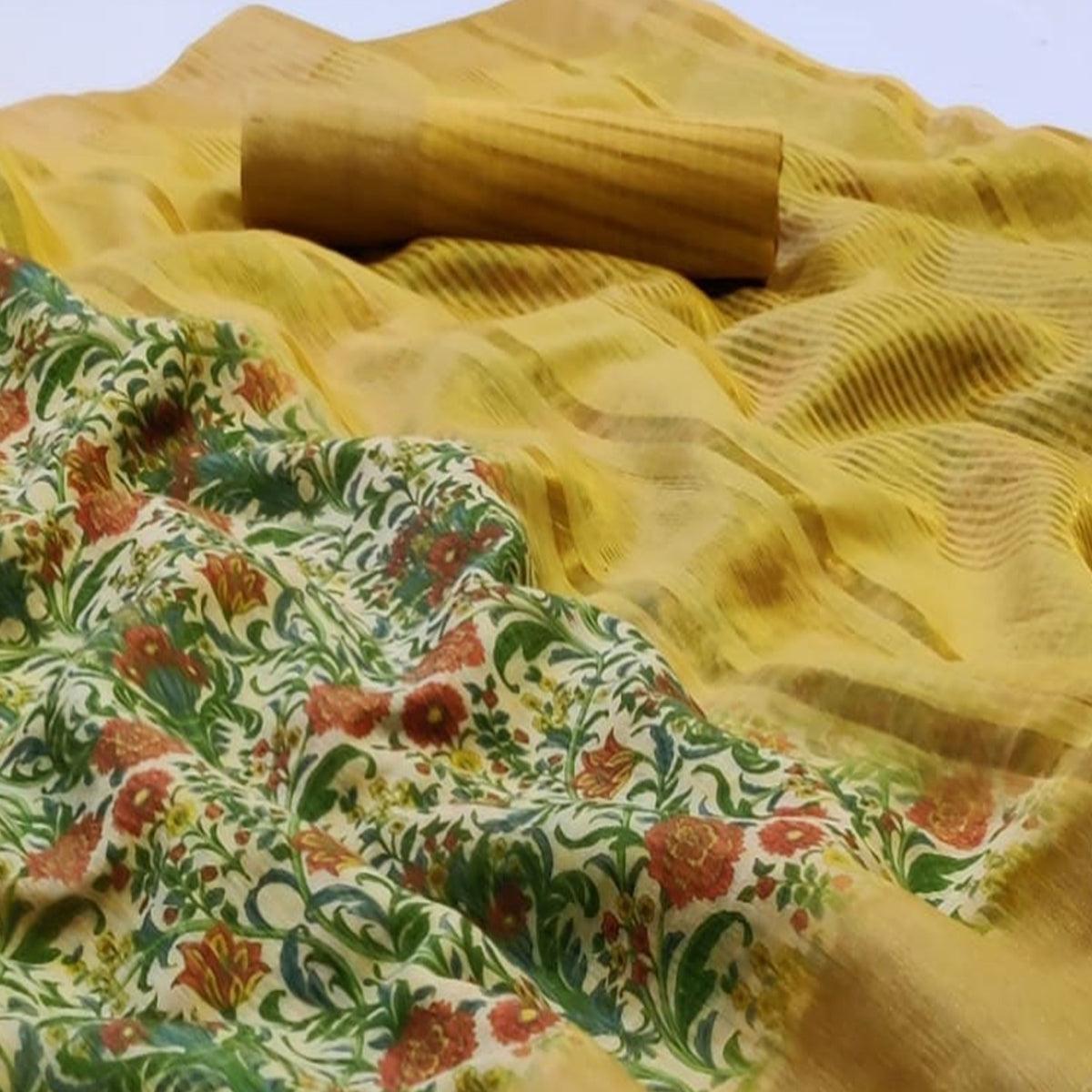 Flamboyant Cream Colored Festive Wear Woven Linen Saree - Peachmode