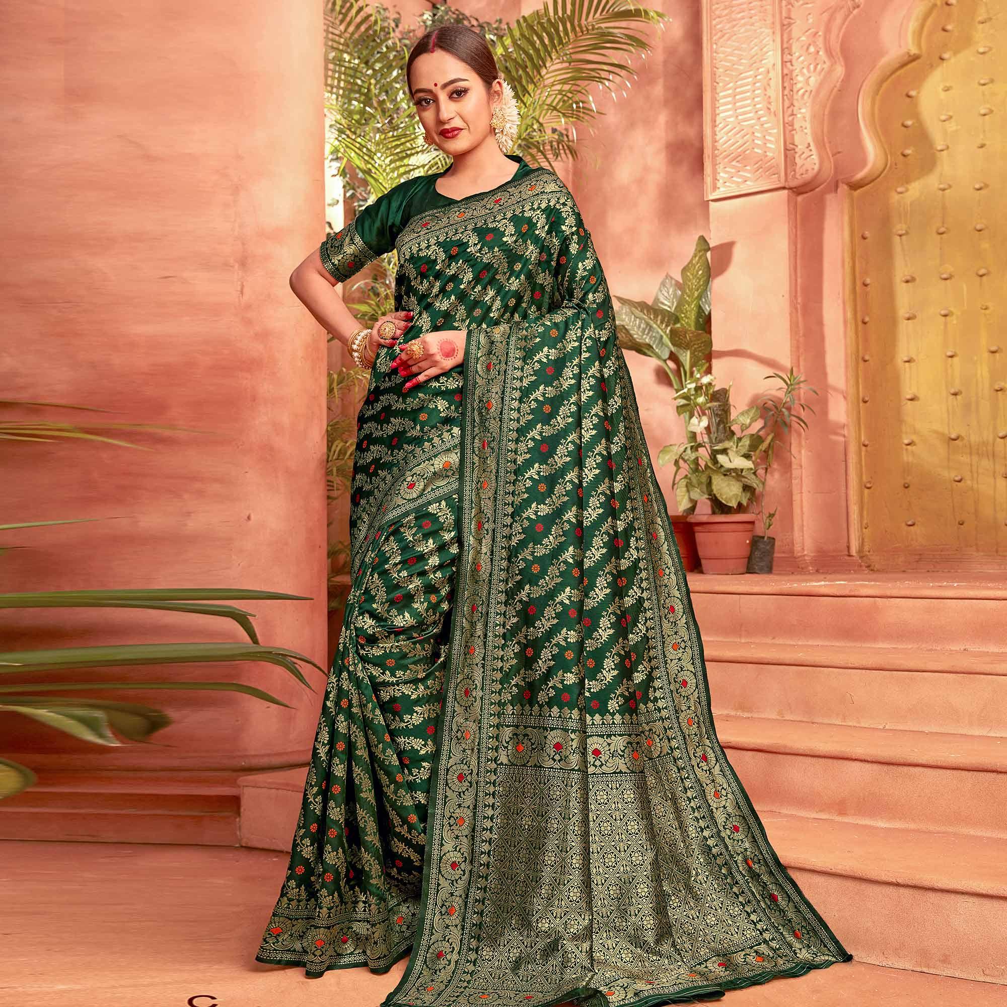 Flamboyant Dark Green Colored Festive Wear Woven Designer Silk Saree - Peachmode