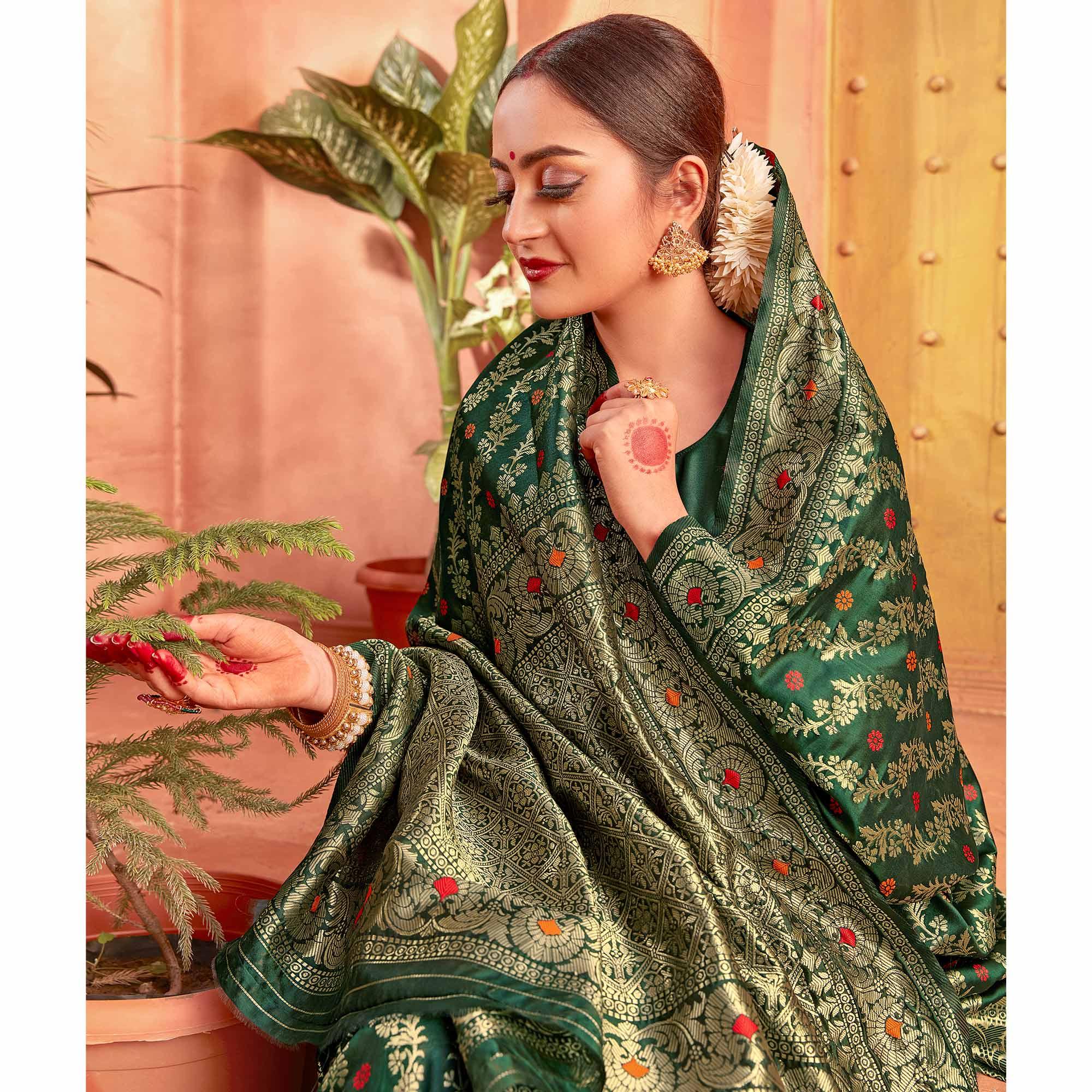 Flamboyant Dark Green Colored Festive Wear Woven Designer Silk Saree - Peachmode