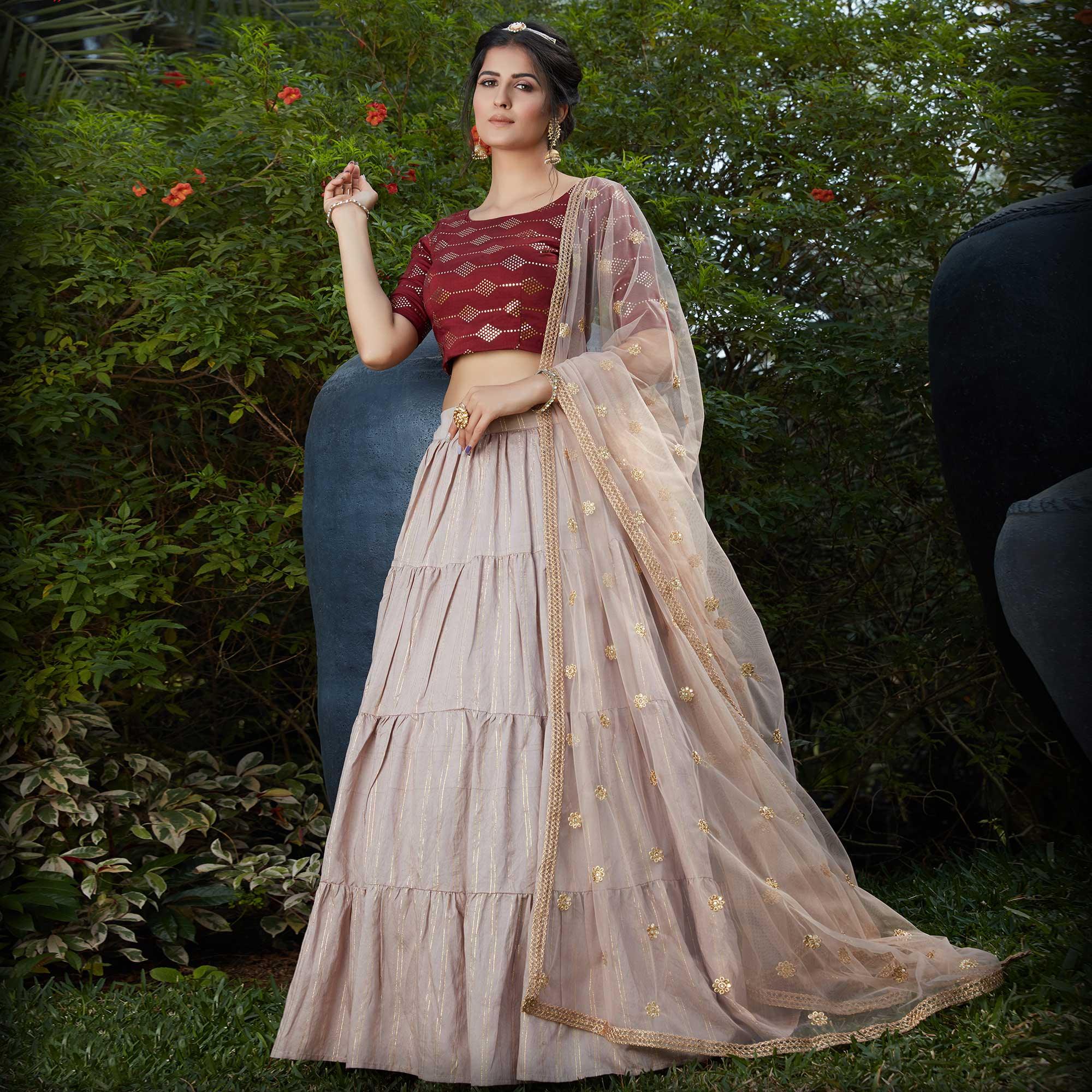 Flamboyant Dusty Maroon - Beige Colored Wedding Partywear Foil Work Cotton Lehenga Choli - Peachmode