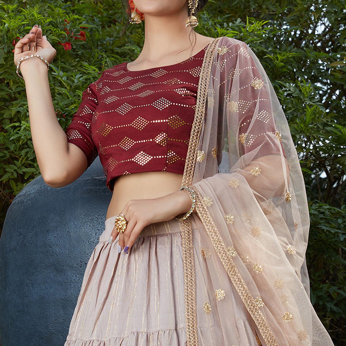 Flamboyant Dusty Maroon - Beige Colored Wedding Partywear Foil Work Cotton Lehenga Choli - Peachmode