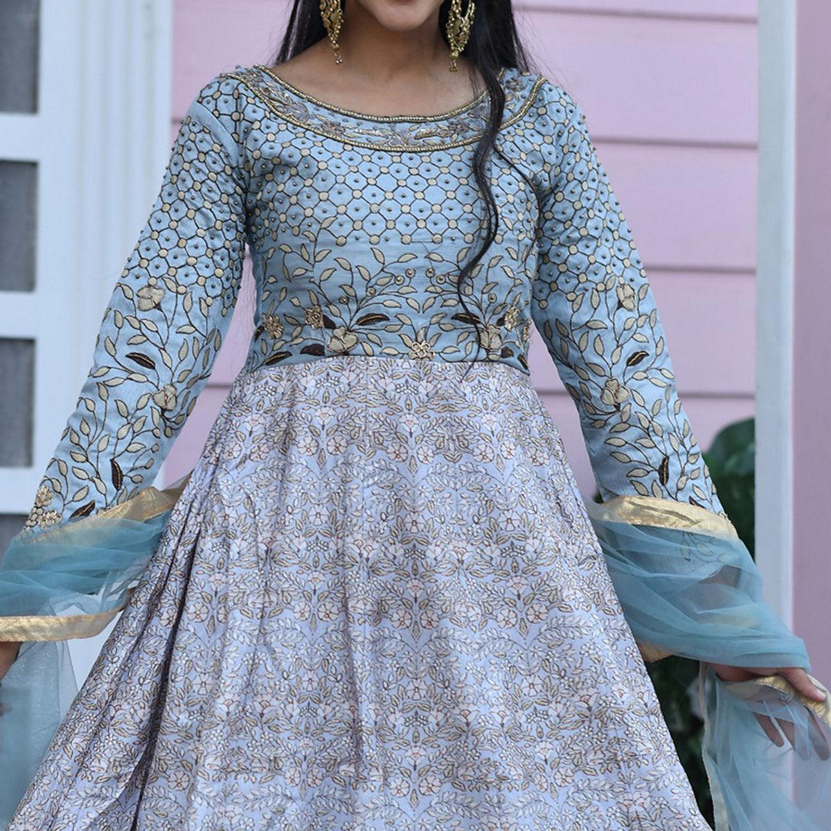Flamboyant Gray Colored Partywear Embroidered Silk Gown - Peachmode