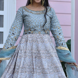 Flamboyant Gray Colored Partywear Embroidered Silk Gown - Peachmode