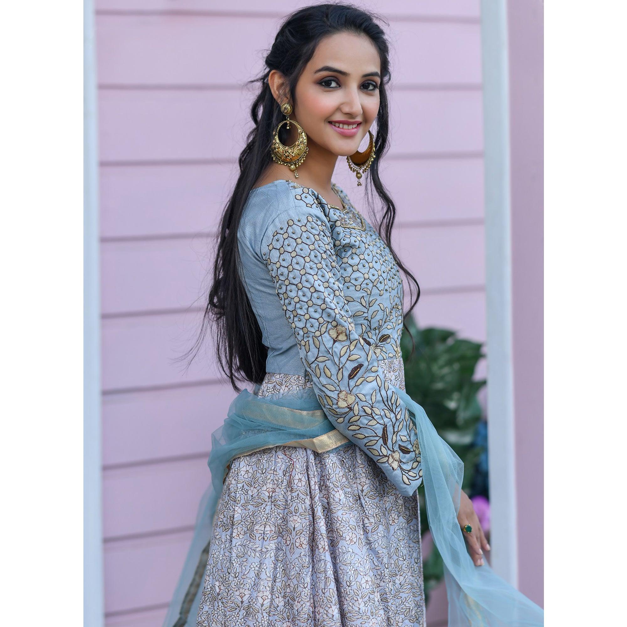 Flamboyant Gray Colored Partywear Embroidered Silk Gown - Peachmode