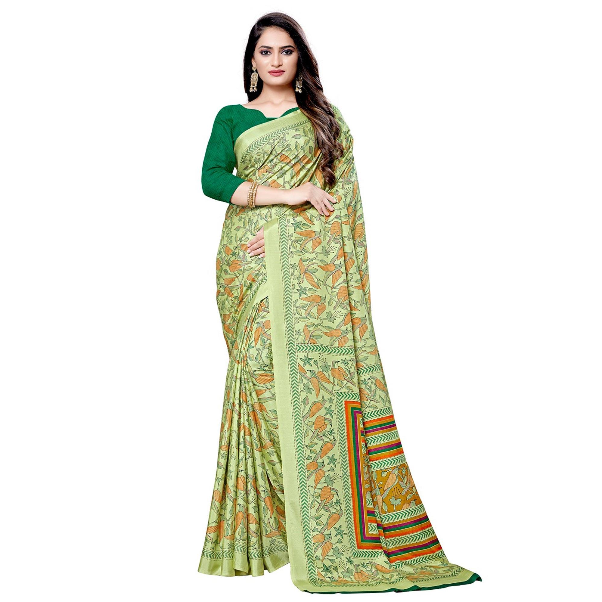 Flamboyant Green Colored Casual Printed Silk Saree - Peachmode