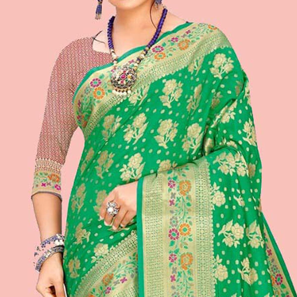 Flamboyant Green Colored Festive Wear Woven Art Silk Saree - Peachmode