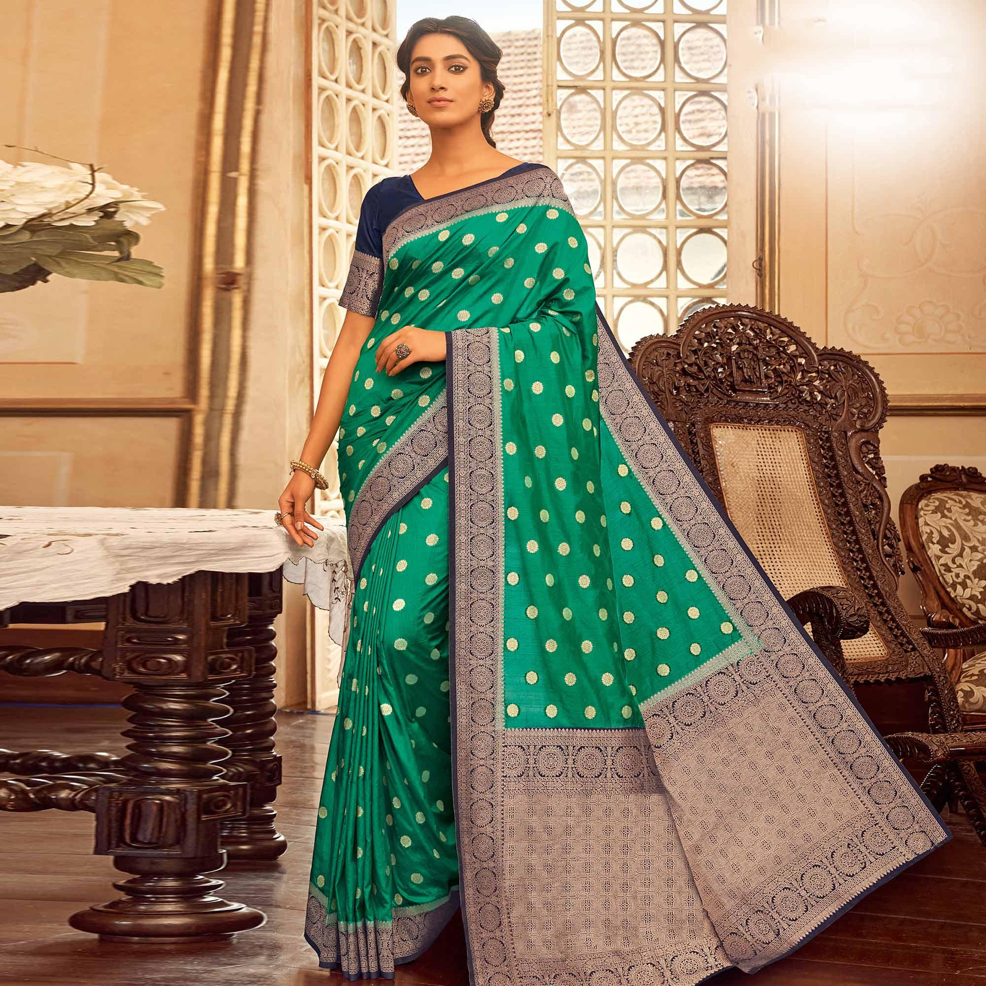 Flamboyant Green Colored Festive Wear Woven Chanderi Cotton Saree - Peachmode