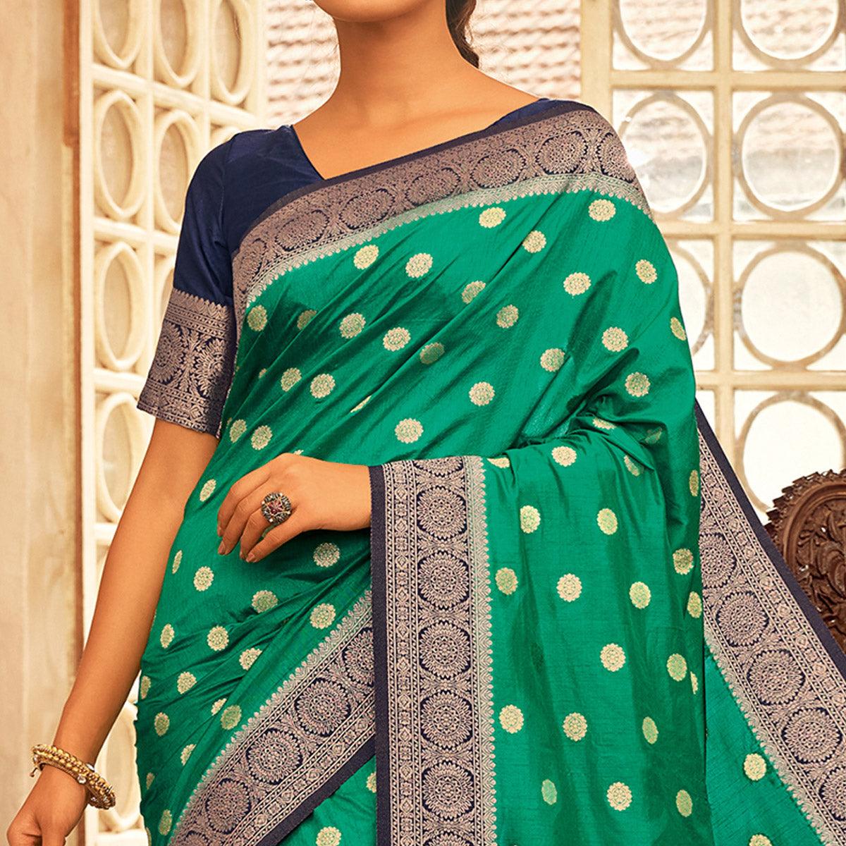 Flamboyant Green Colored Festive Wear Woven Chanderi Cotton Saree - Peachmode