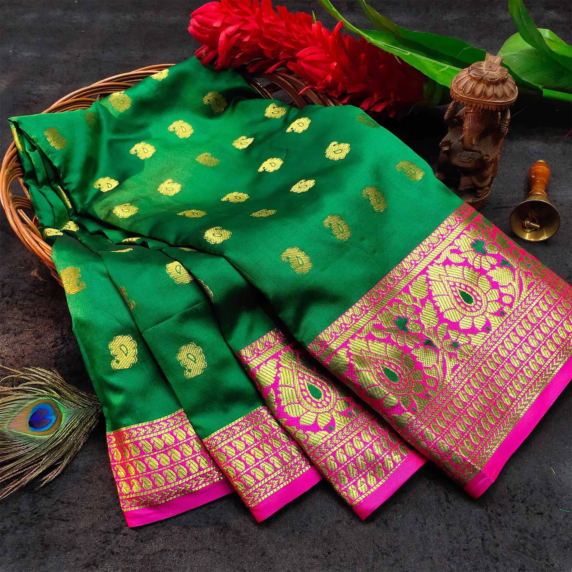 Flamboyant Green Colored Festive Wear Woven Kanjivaram Silk Saree - Peachmode