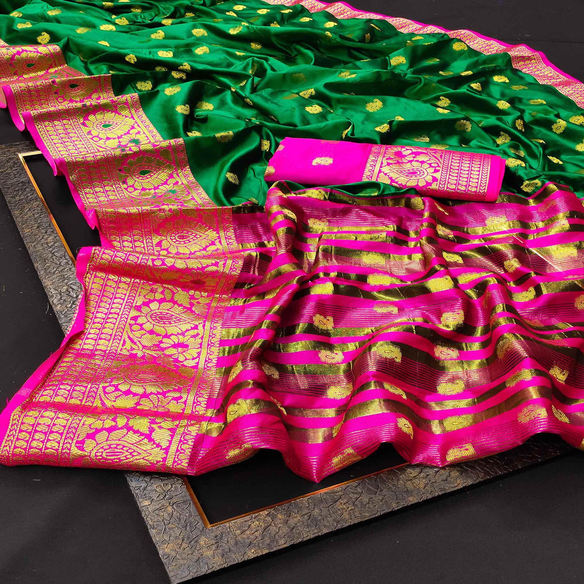 Flamboyant Green Colored Festive Wear Woven Kanjivaram Silk Saree - Peachmode