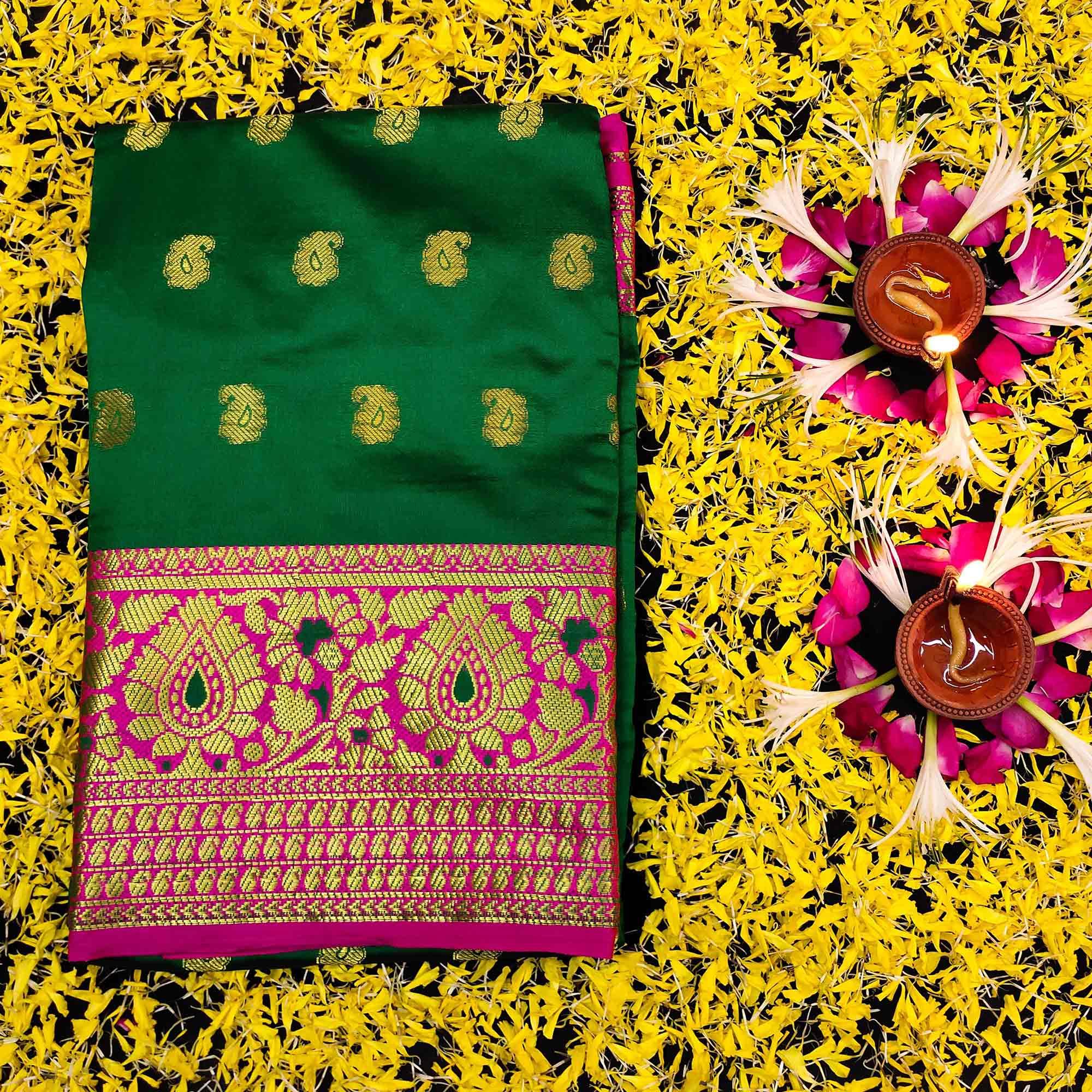 Flamboyant Green Colored Festive Wear Woven Kanjivaram Silk Saree - Peachmode