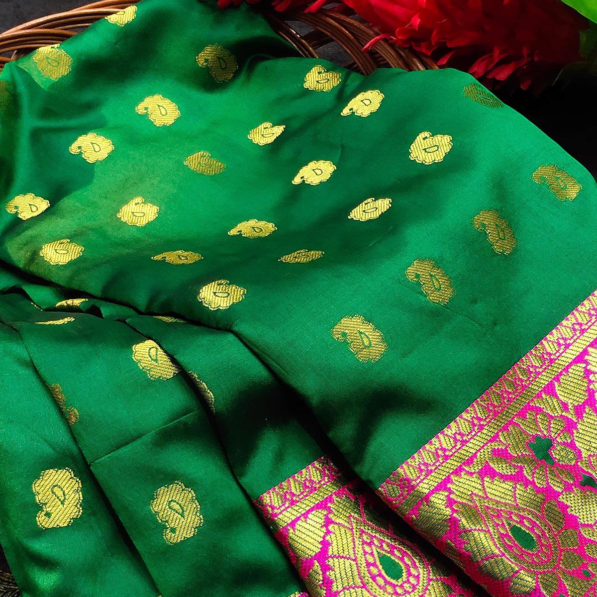 Flamboyant Green Colored Festive Wear Woven Kanjivaram Silk Saree - Peachmode