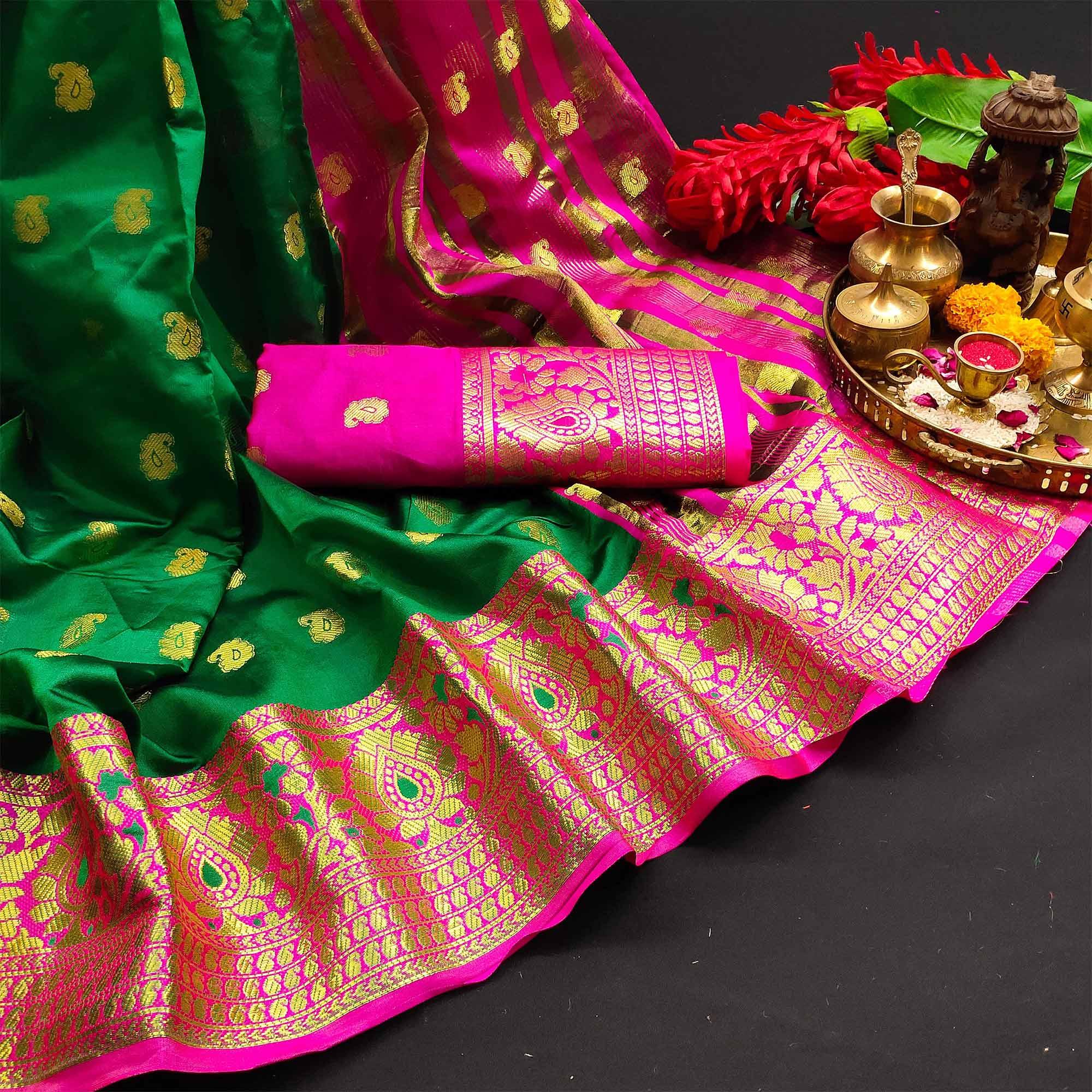 Flamboyant Green Colored Festive Wear Woven Kanjivaram Silk Saree - Peachmode