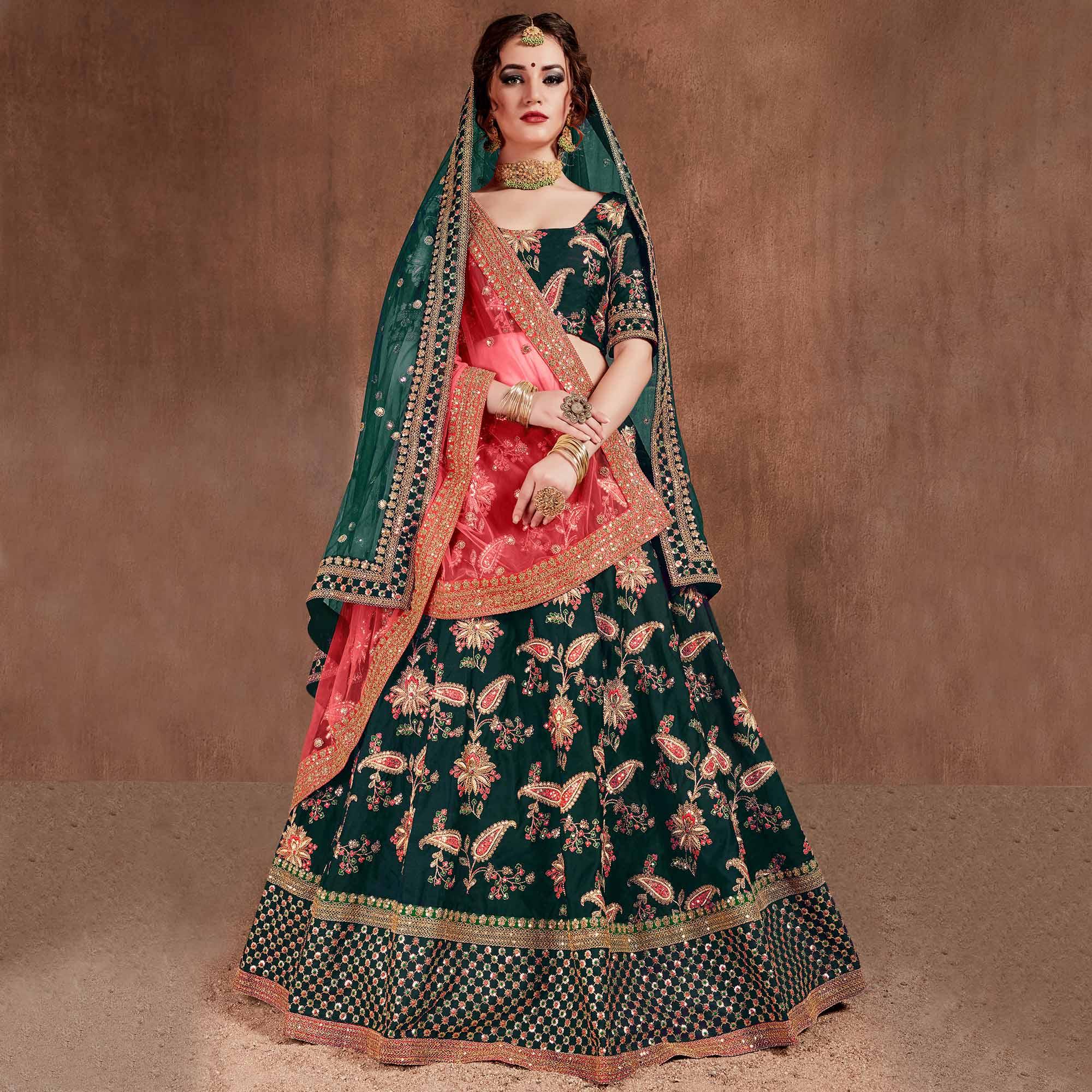 Flamboyant Green Colored Wedding Wear Embroidered Tapeta Silk Lehenga Choli - Peachmode