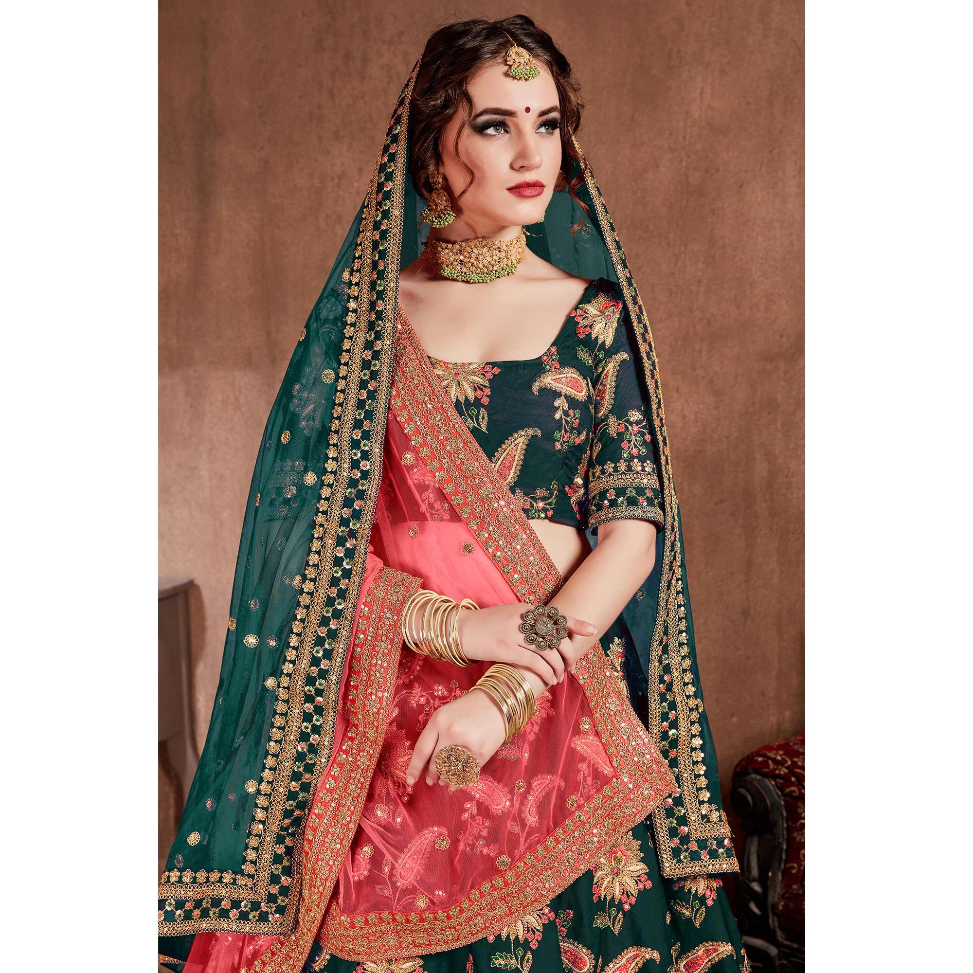 Flamboyant Green Colored Wedding Wear Embroidered Tapeta Silk Lehenga Choli - Peachmode