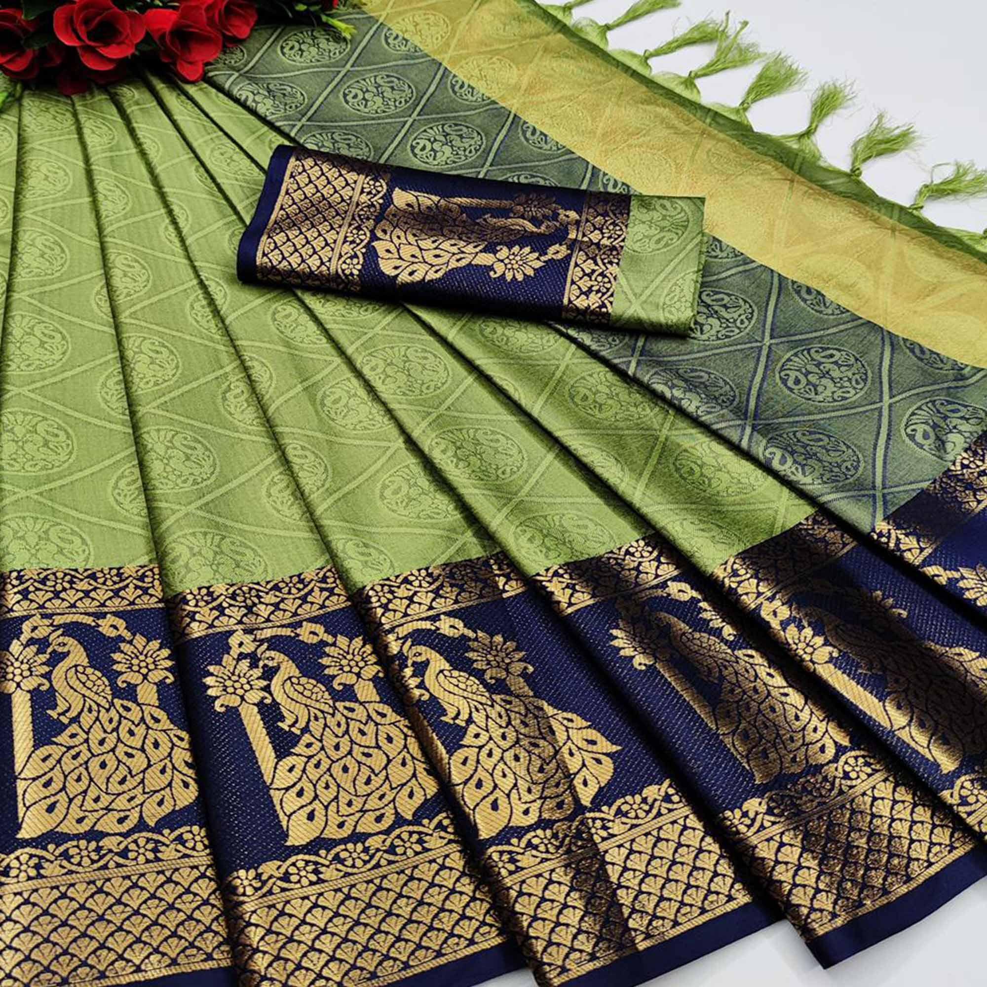 Flamboyant Green Coloured Festive Wear Woven Cotton Silk Saree - Peachmode