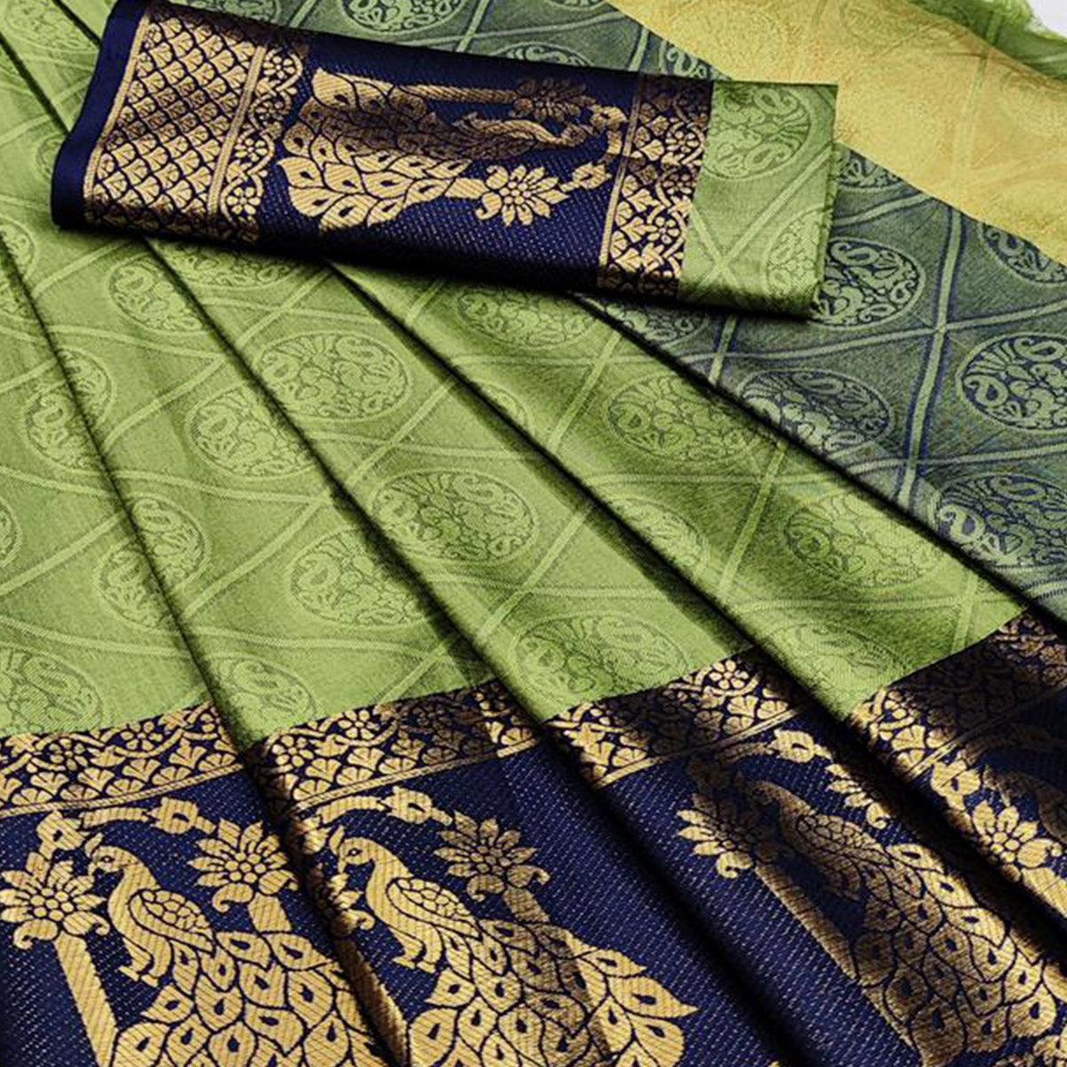 Flamboyant Green Coloured Festive Wear Woven Cotton Silk Saree - Peachmode
