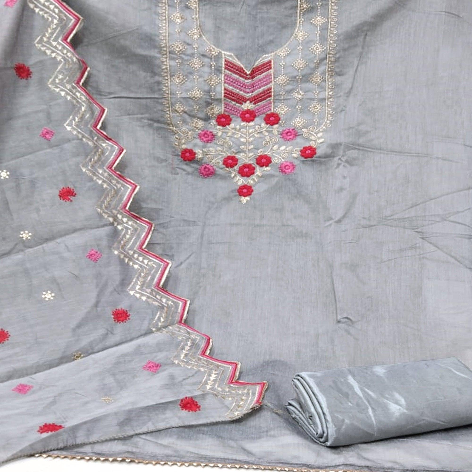 Flamboyant Grey Colored Casual Wear Embroidered Chanderi Dress Material - Peachmode