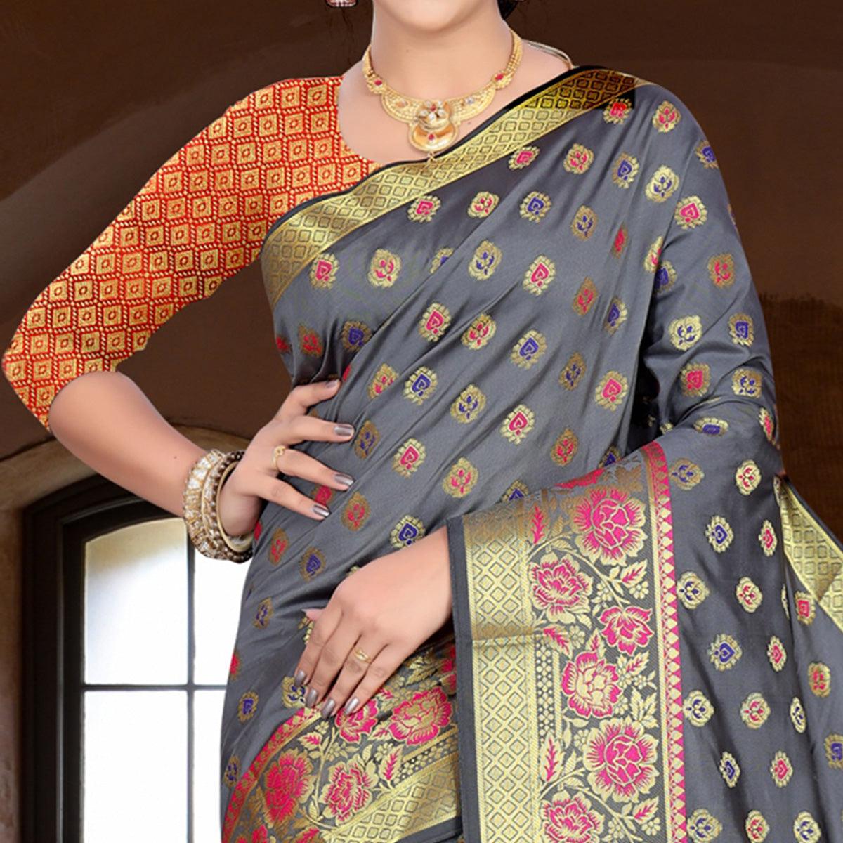 Flamboyant Grey Colored Festive Wear Woven Silk Saree - Peachmode