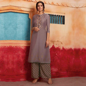 Flamboyant Grey Colored Partywear Embroidered Pure Muslin-Silk Kurti-Palazzo Set - Peachmode